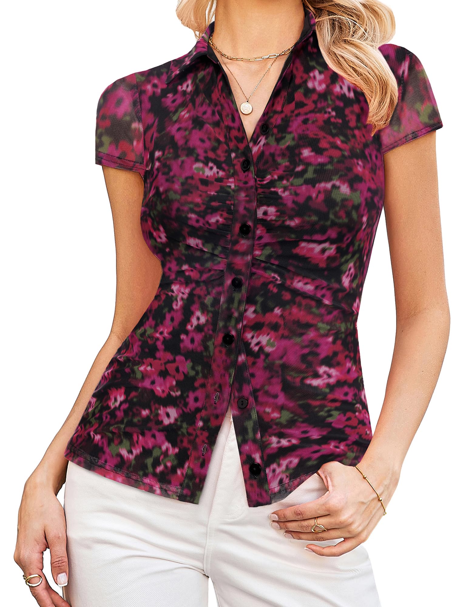 GRACE KARIN Women Mesh Boho Tops Dressy Casual Floral Short Sleeve Button Down Blouse Collared Outfit Black Red L