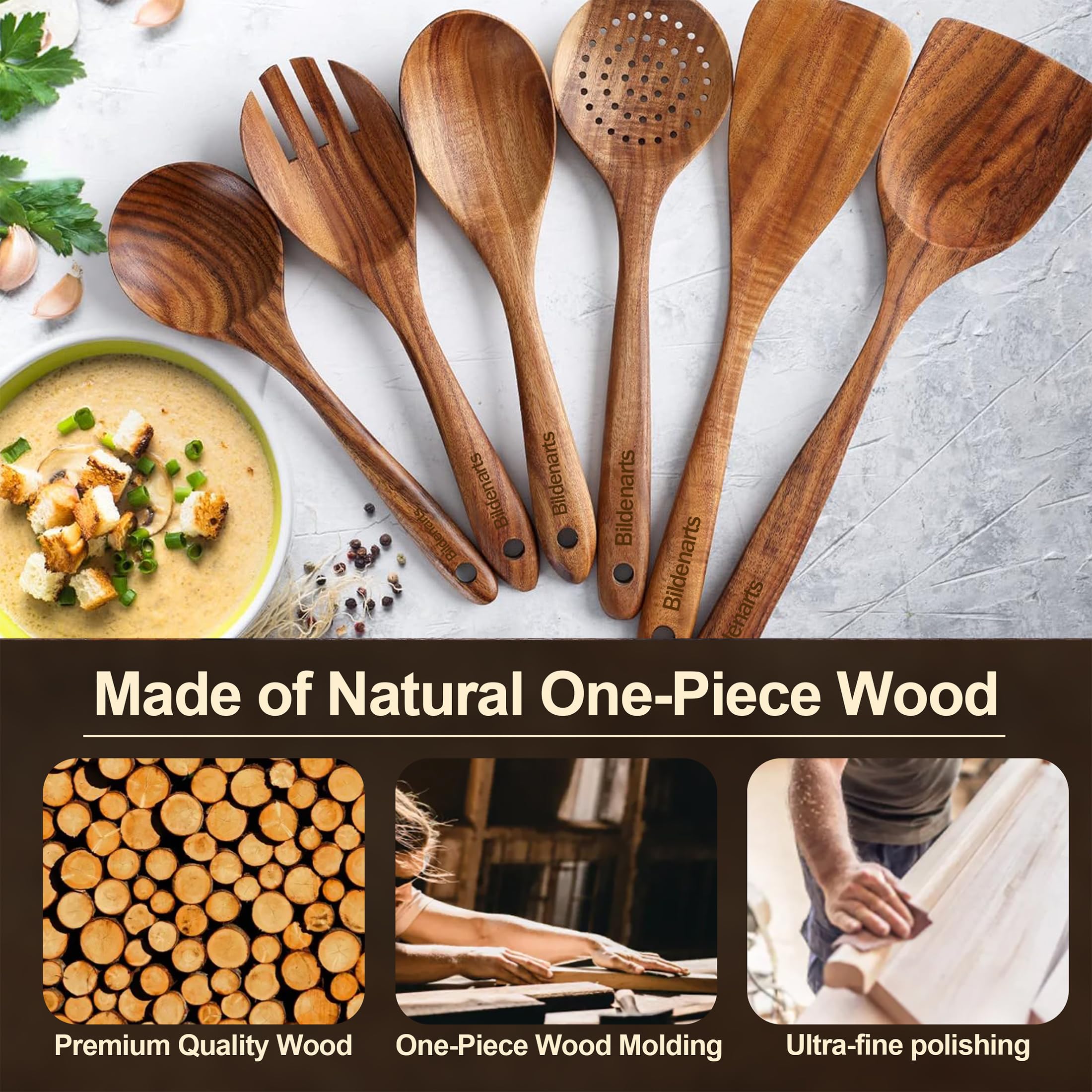 Teak Wooden Utensil Set Wooden Cooking Spoon Set with 1 Pack Chef Apron Pockets Smooth Non-Stick Surface Spatulas Comfort-Grip Wood Ladles for Cooking Wood Turner Deep Soup Ladle