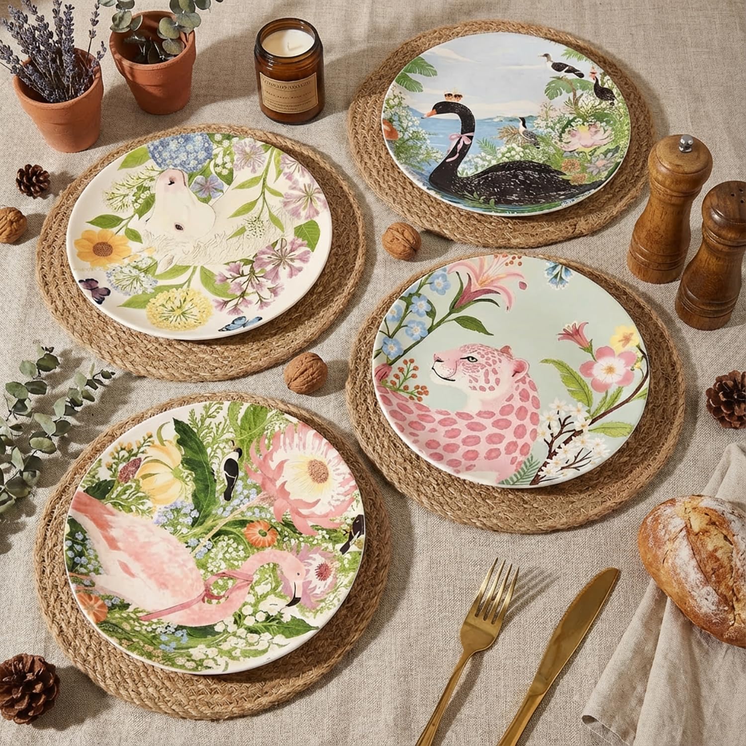4 Piece Ceramic Plates Set, 8.5Inch Dessert & Salad,Appetizer Plates，Illustrated style Prints, Suitable for Serving Pasta, Pizza. Dishwasher, MicrowaveSafe.gift for birthdays and holidays(8.5inch)