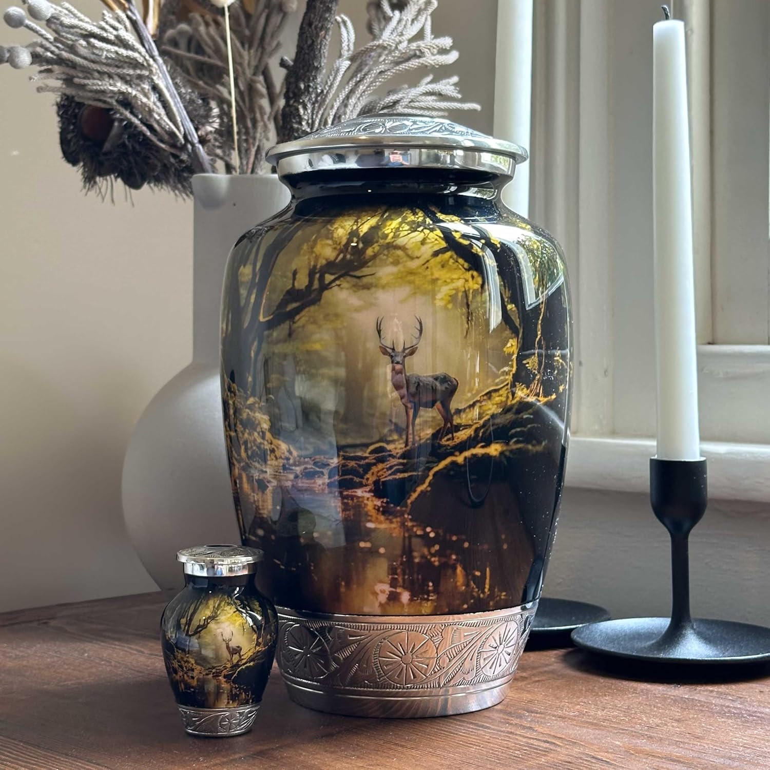 Deer Forest Urn for Human Ashes | Large Handcrafted Funeral Memorial | Decorative Cremation Urn for Women and Men