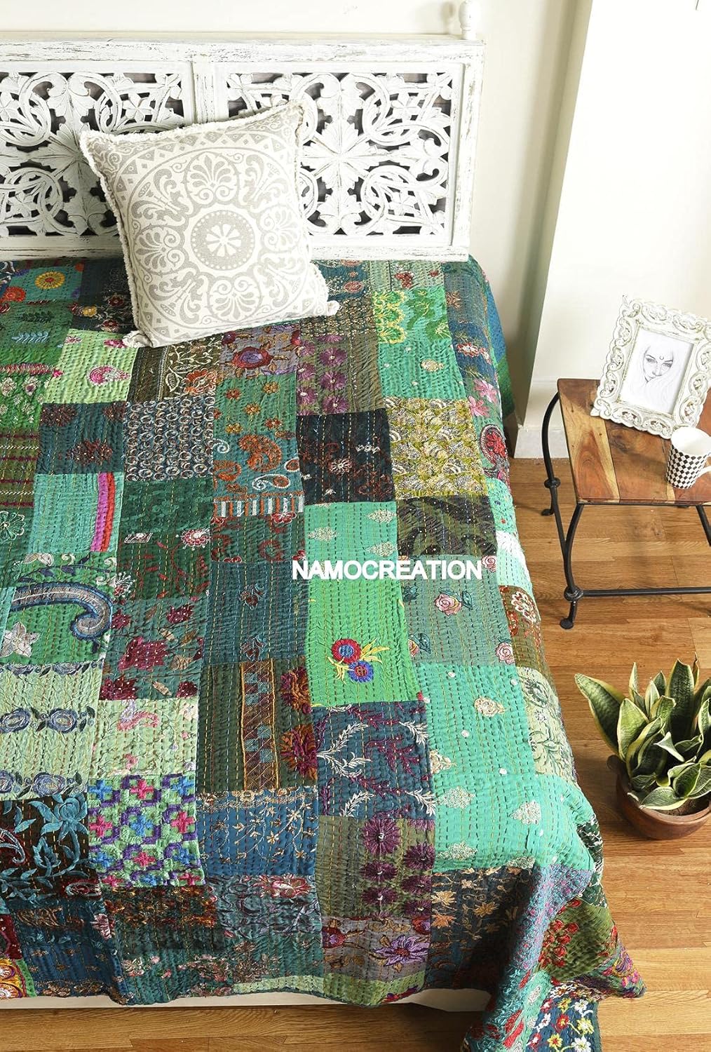 Embroidery Assorted Patchwork Kantha Quilt Reversible Patchwork Kantha Bedspread Bed Cover Decor Throw Blanket California King/Queen/Twin (60X90 Inches) Green