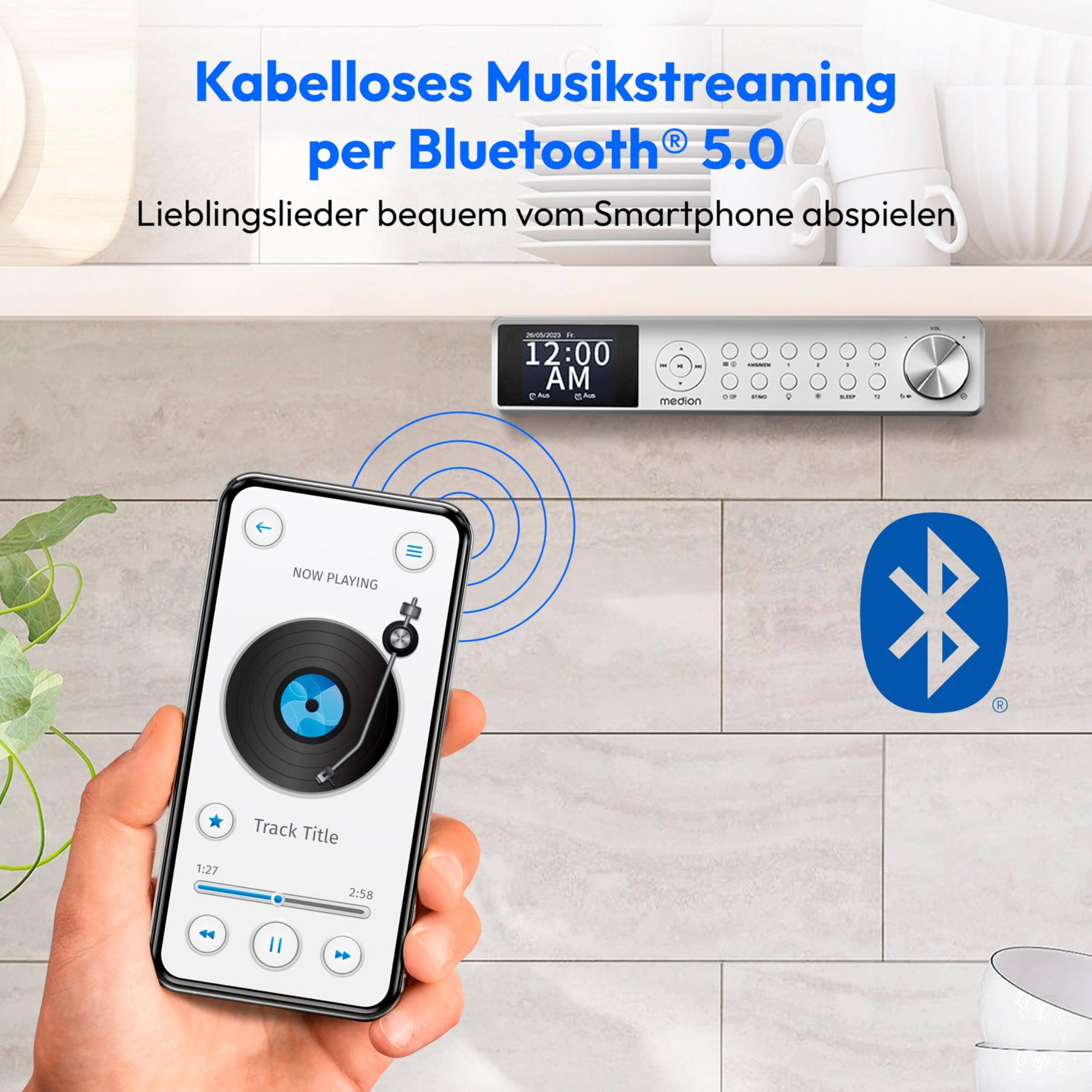 MEDION P66750 Küchen Unterbauradio (DAB+ Küchenradio, PLL UKW Radio, dimmbares TFT Farbdisplay, Koch Timer, Bluetooth, LED Leiste, inkl. Montagematerial) weiß
