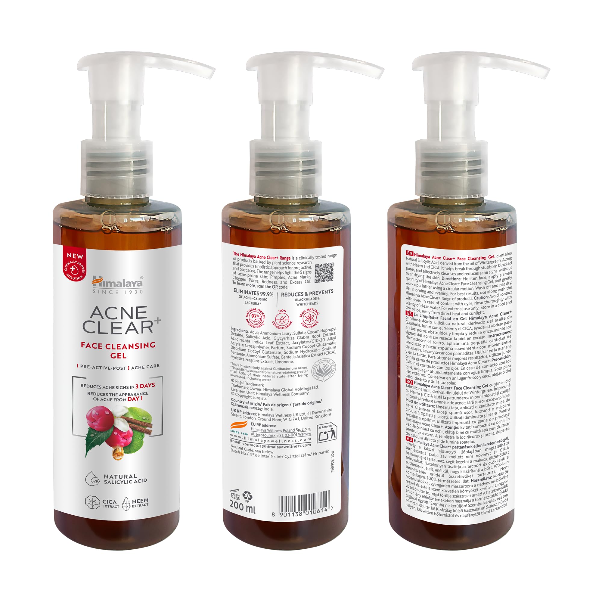 Himalaya Acne Clear+ Żel do mycia twarzy, 200 ml – kwas salicylowy, CICA i neem – zwalcza 5 objawów trądziku, w 97% pochodzenia naturalnego – delikatny, niekomedogenny środek czyszczący