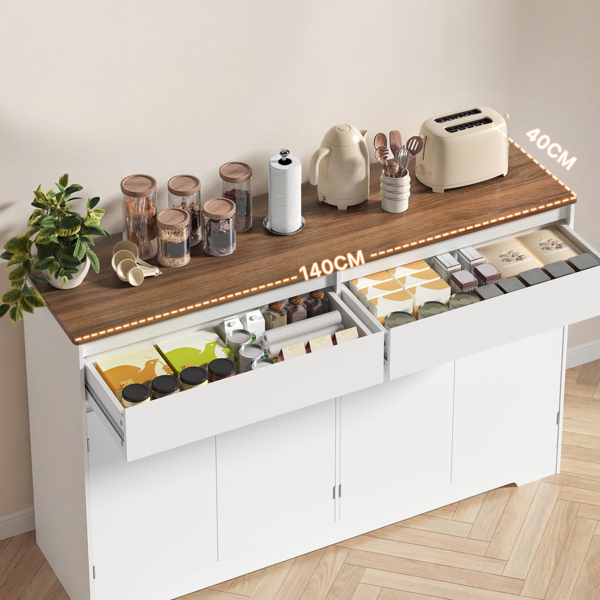 Xbro Credenza Cucina Grande 140 cm, Mobile Cucina con 4 Ante e 2 Cassetti, Madia Soggiorno Moderna con Ripiani Regolabili, Mobile Contenitore Multiuso per Cucina e Sala da Pranzo, Legno Naturale