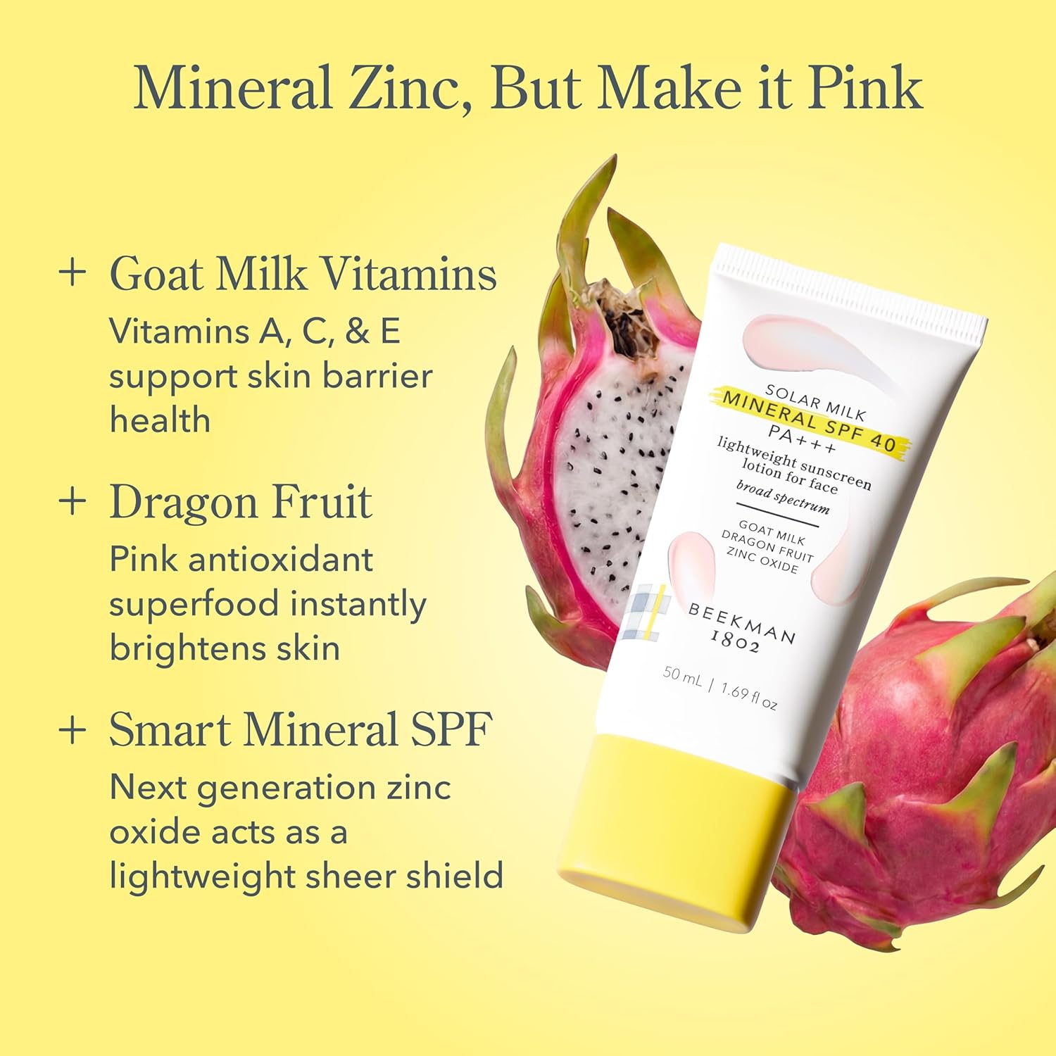 Beekman 1802 Solar Milk Mineral Sunscreen SPF 40 PA+++, Lightweight Zinc Oxide Face Sunscreen, Broad Spectrum UVA/UVB Protection, Non Greasy, Fragrance Free, 1.69 fl oz