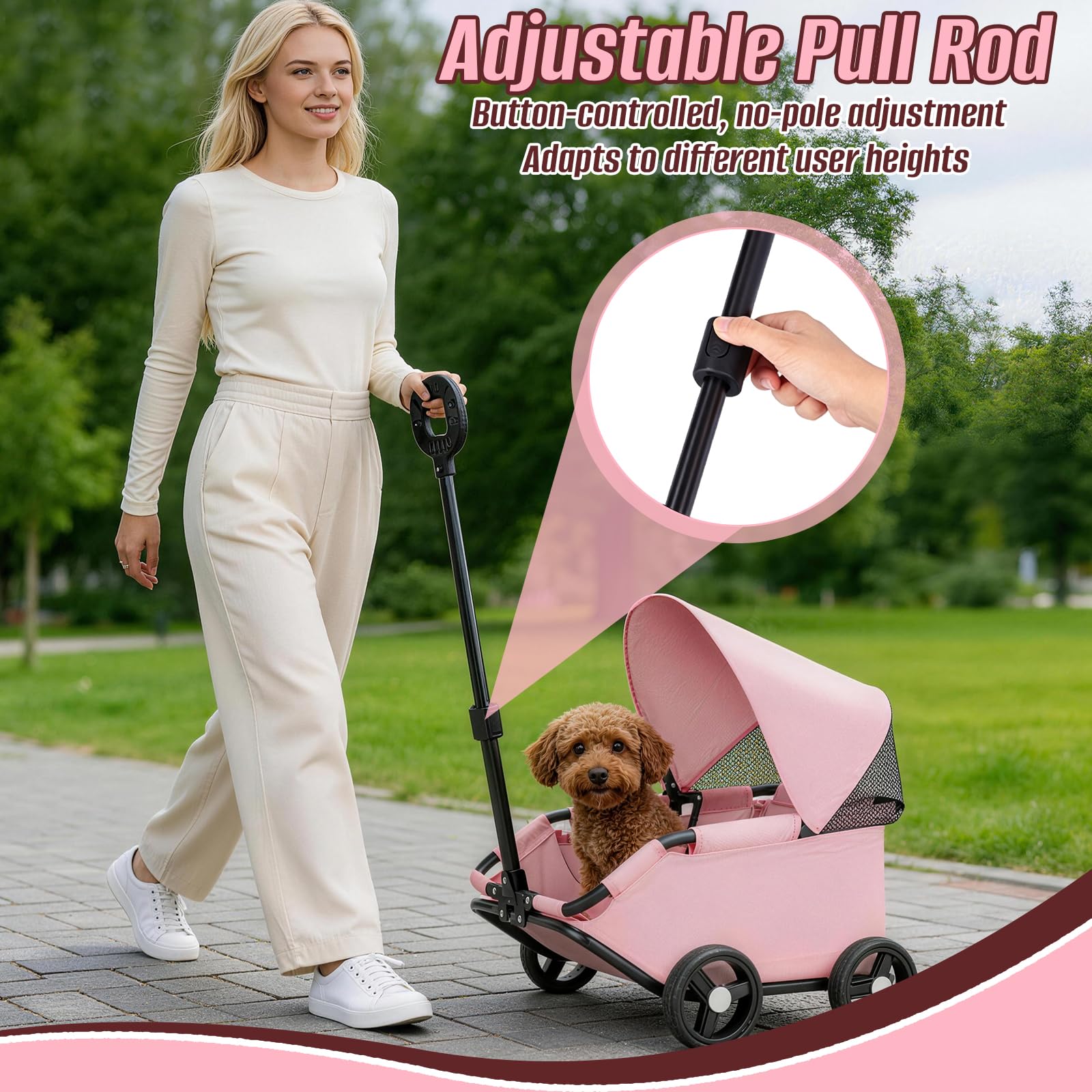 Carrito para Perros Plegable, Cochecito para Mascotas 4 Ruedas con Barra de Empuje Ajustable Diseño Abierto Cojín Bolsa de Almacenamiento
