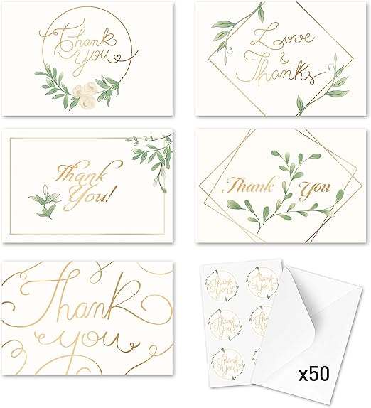 Rileys & Co Thank You Wedding Cards, Gold Foil, Classic Wedding Cards 50 Count, with Stickers & Envelopes | Bulk Thank You Cards with Envelopes | Greenery and Gold