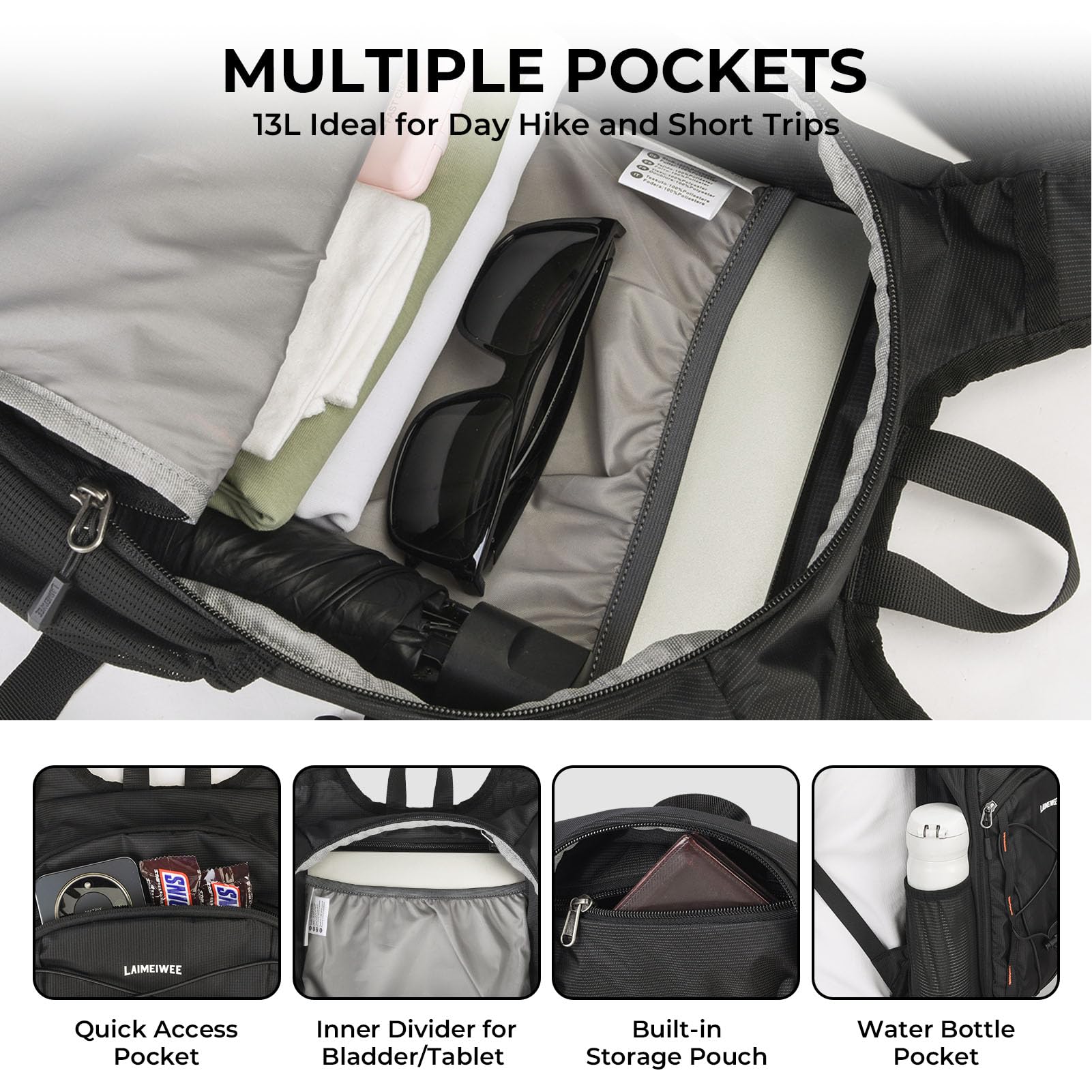 Mochila pequeña de senderismo plegable de 13 L, mochila ligera y plegable para viajes de un día, mochila de viaje para hombres y mujeres