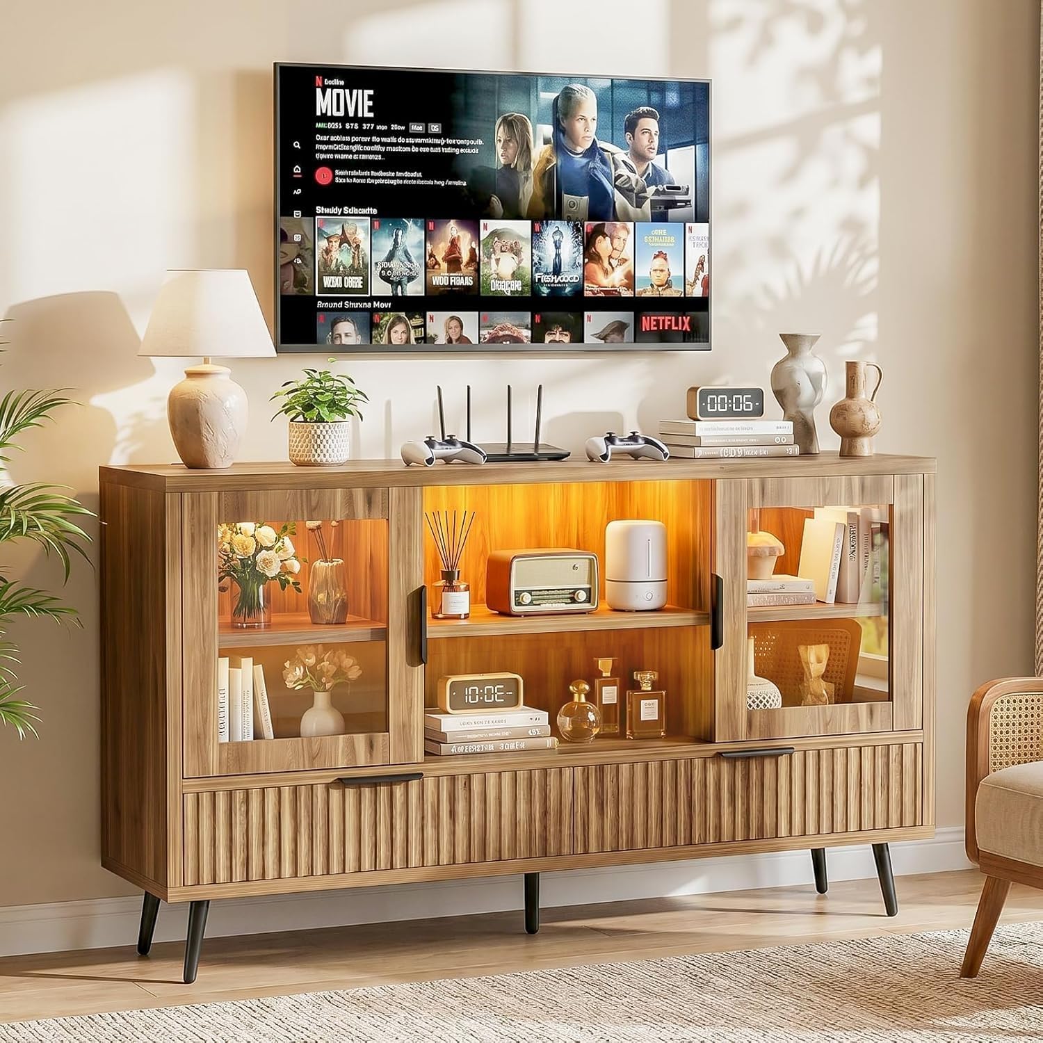 30", 32", 40", 45", 50" Inch TV Stand with LED Lights and Power Outlet, Entertainment Center with 8 Drawers, TV Cabinet Media Console Table with Storage for Living Room, Bedroom（Yellow Oak）