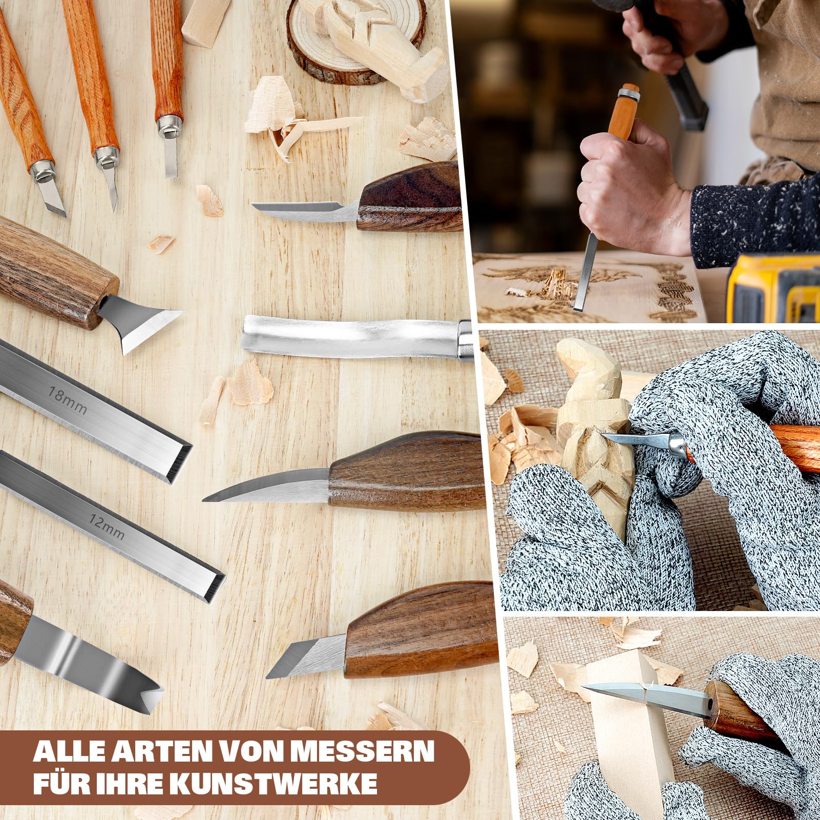 Holzschnitzset, 17-teiliges Holzschnitzwerkzeug mit Aufbewahrungstasche aus Leder, Holzschnitzset mit 2 Meißeln und 6 Schnitzmessern und 5 Detailschnitzmessern für Anfänger und Enthusiasten