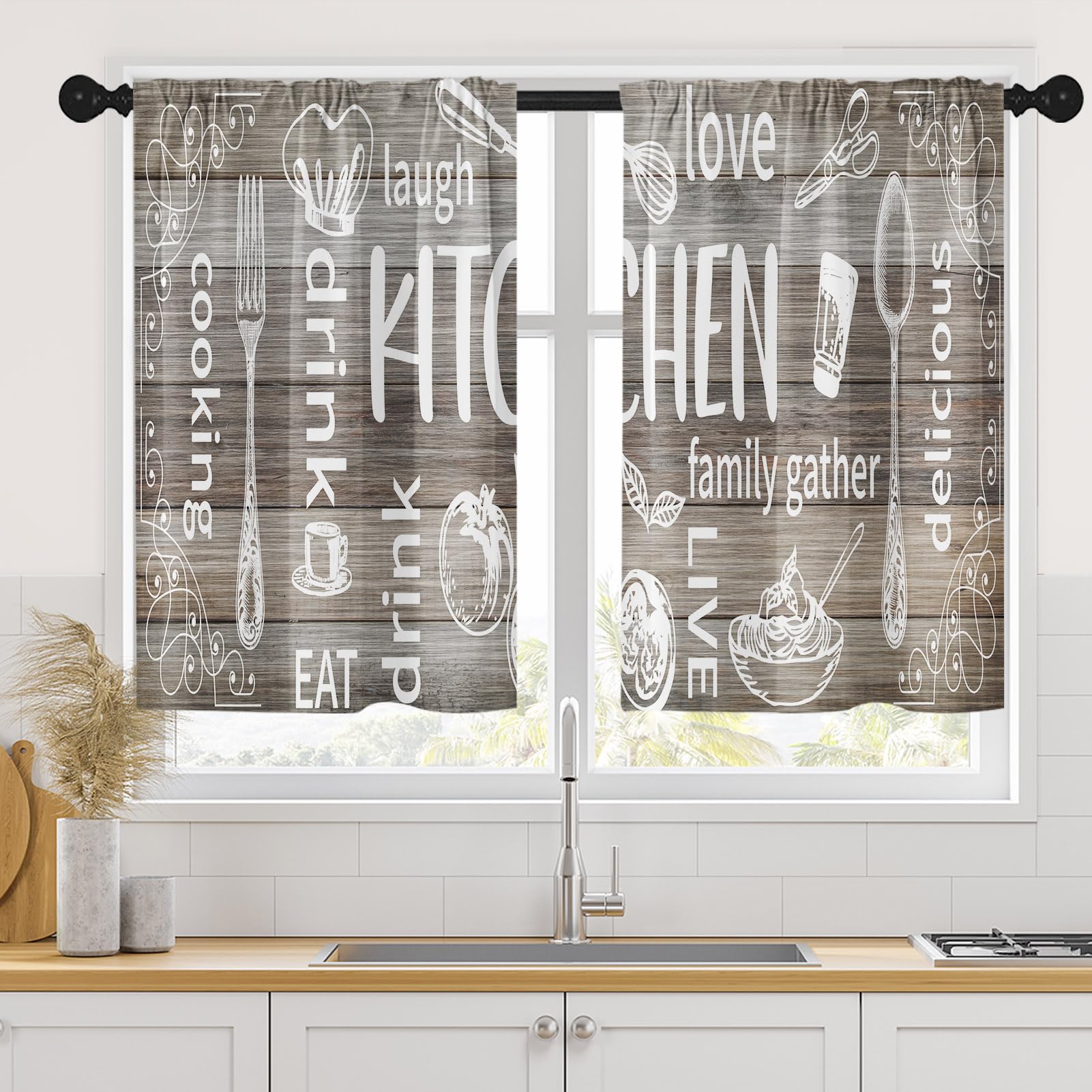Arttown Farmhouse Kitchen Curtains 36 Inch Length Country Brown Wooden Window Short Tier Curtains Over Sink Set of 2, White Doodle Rustic Vintage