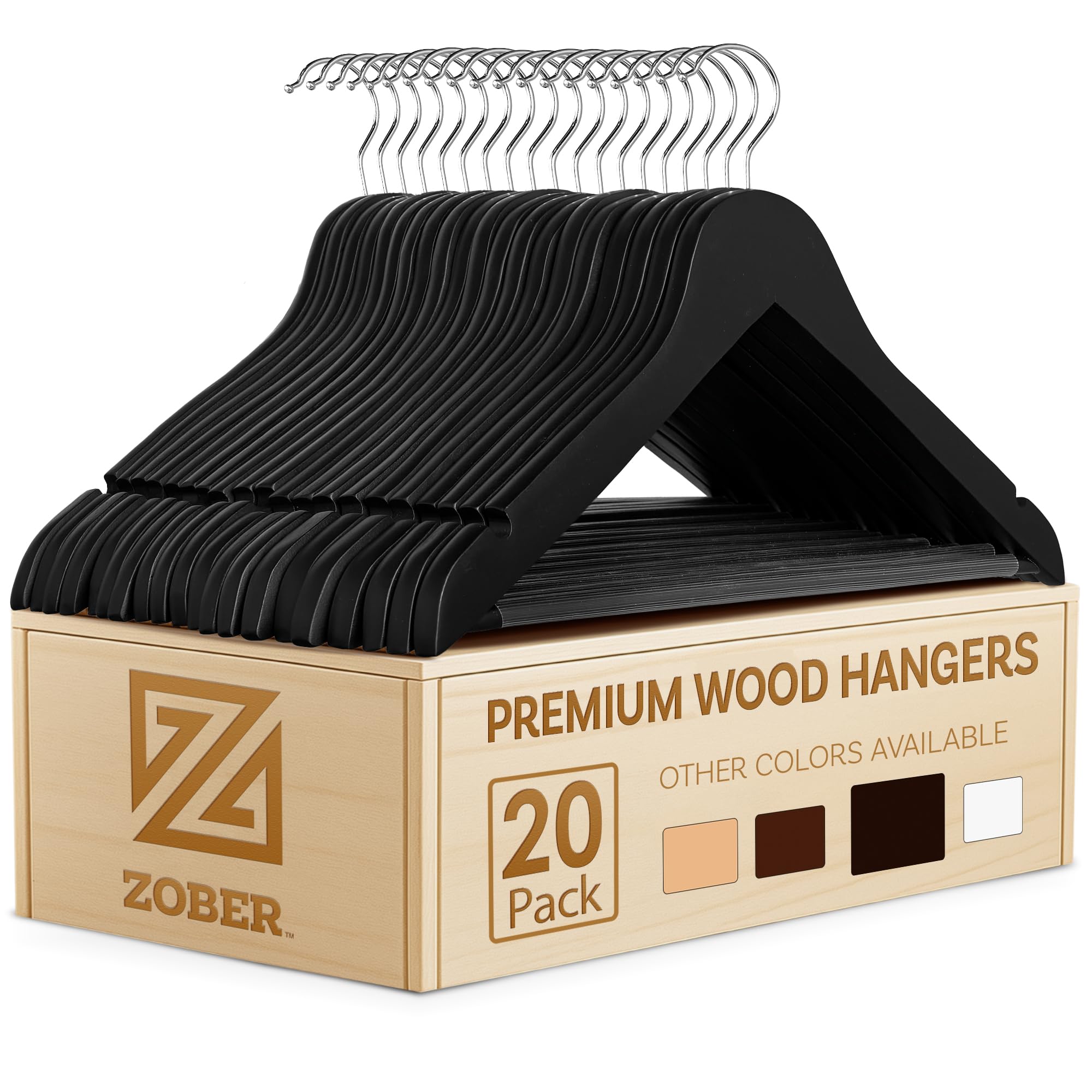 Zober Black Wooden Hangers - 20 Pack, Heavy Duty, Non Slip Wood Hangers for Coats, Jackets, Suits, & Pants - Coat Hangers for Closet W/Bar and Notches