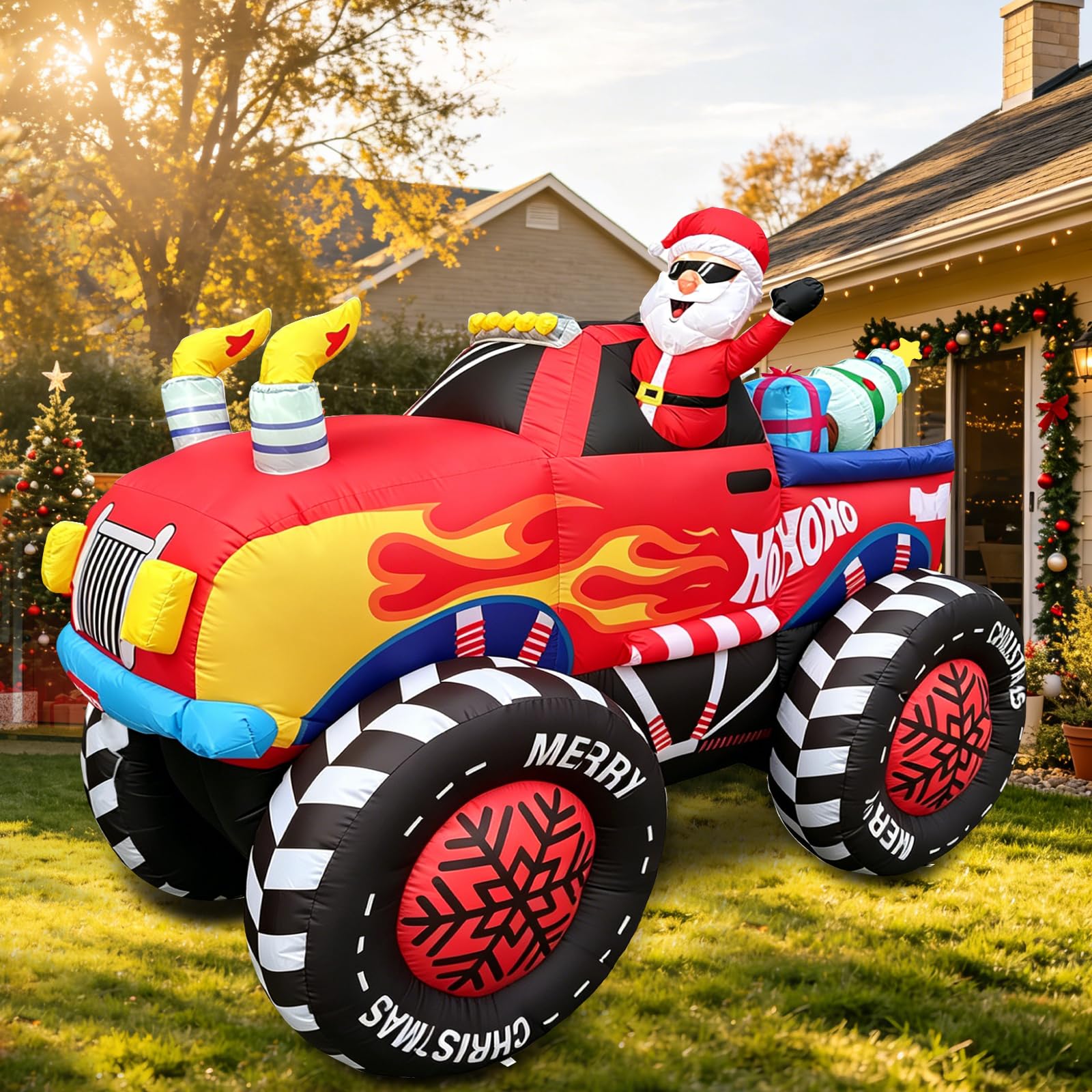 2,5 m großer aufblasbarer Weihnachtsmann-Truck: Der Weihnachtsmann mit Sonnenbrille winkt aus dem Truck, der Geschenkboxen und einen Weihnachtsbaum transportiert – perfekt für Terrasse und Garten