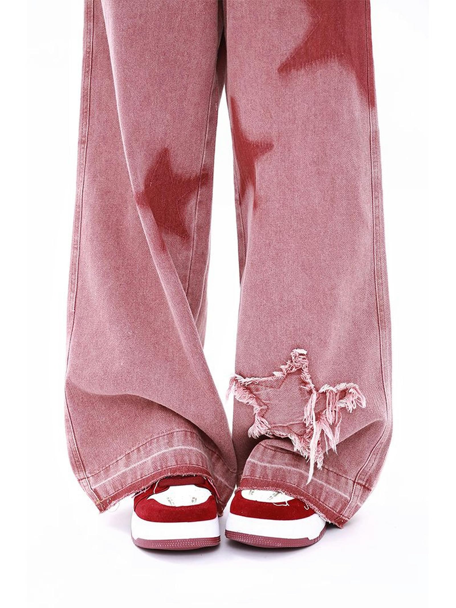Automne Rose Jeans Femme High Street Rétro Étoile Brodé Doux Fille Style Pantalon Lâche Mode Pantalon Large Femme 2023-Rouge Rouille-M