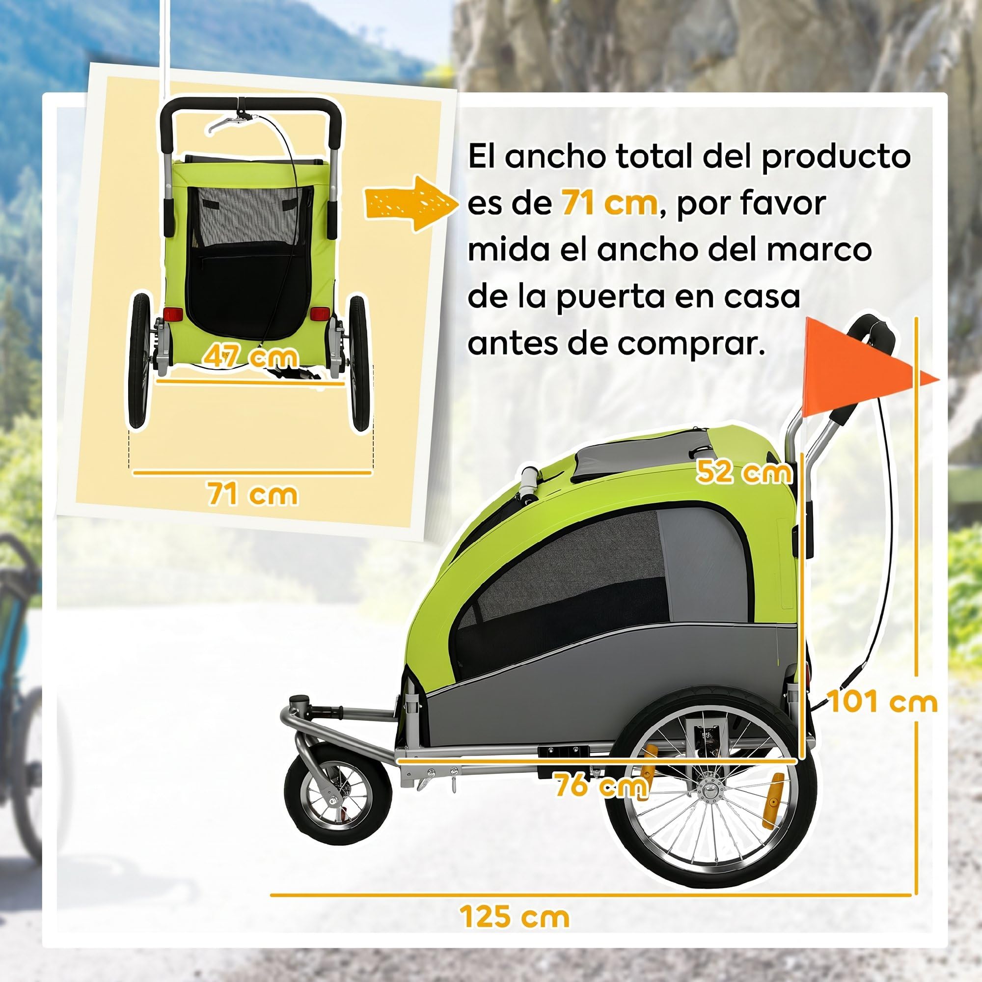 PawHut Remolque de Bicicleta Perros 2 en 1, Carrito para Perros Medianos y Gatos Plegable con Suspensión, Neumáticos Grandes, Ventanas de Malla, Freno de Mano, Reflectores, Bandera, Verde