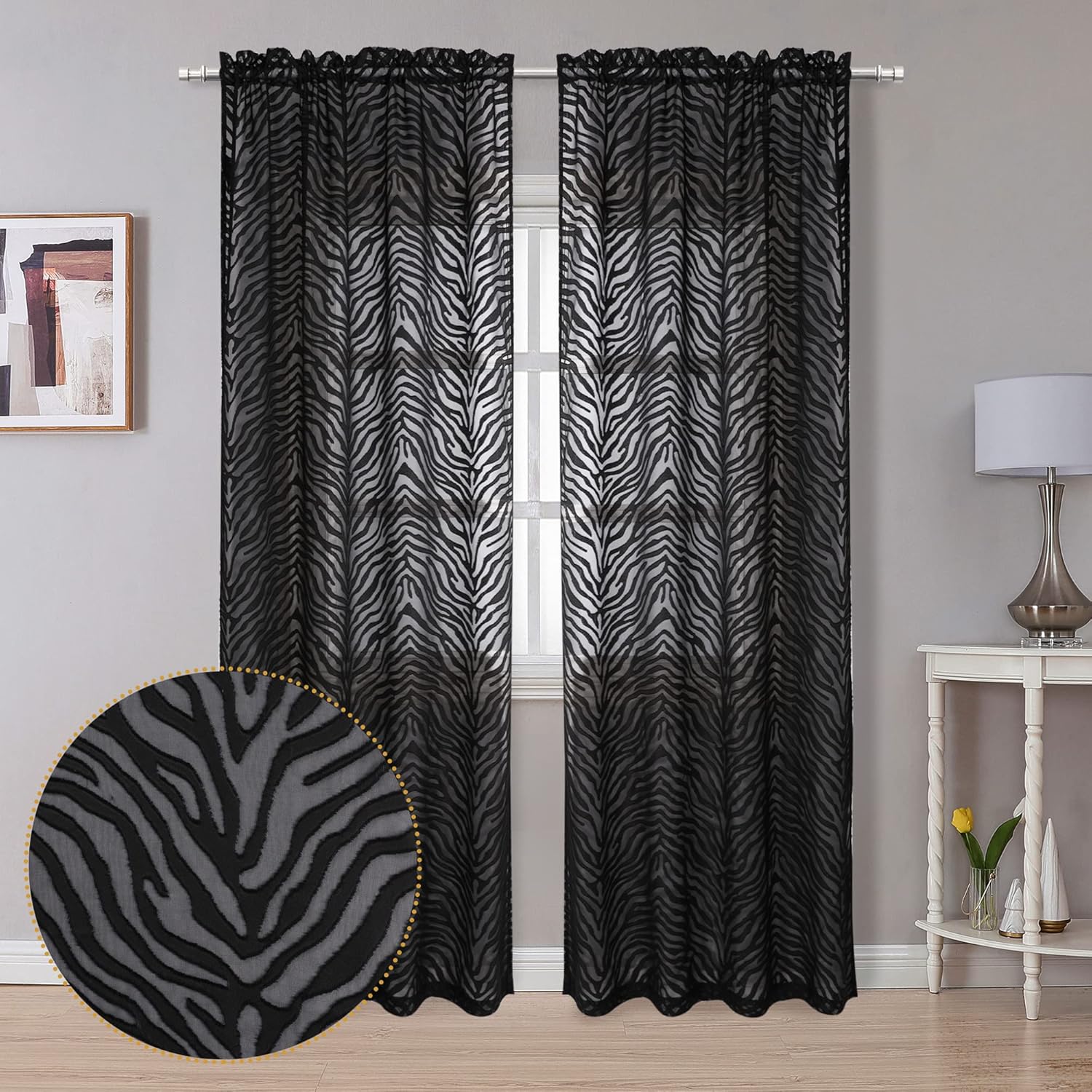 OVZME 84 Inches Jacquard Sheer Black Curtains 2 Panels Set