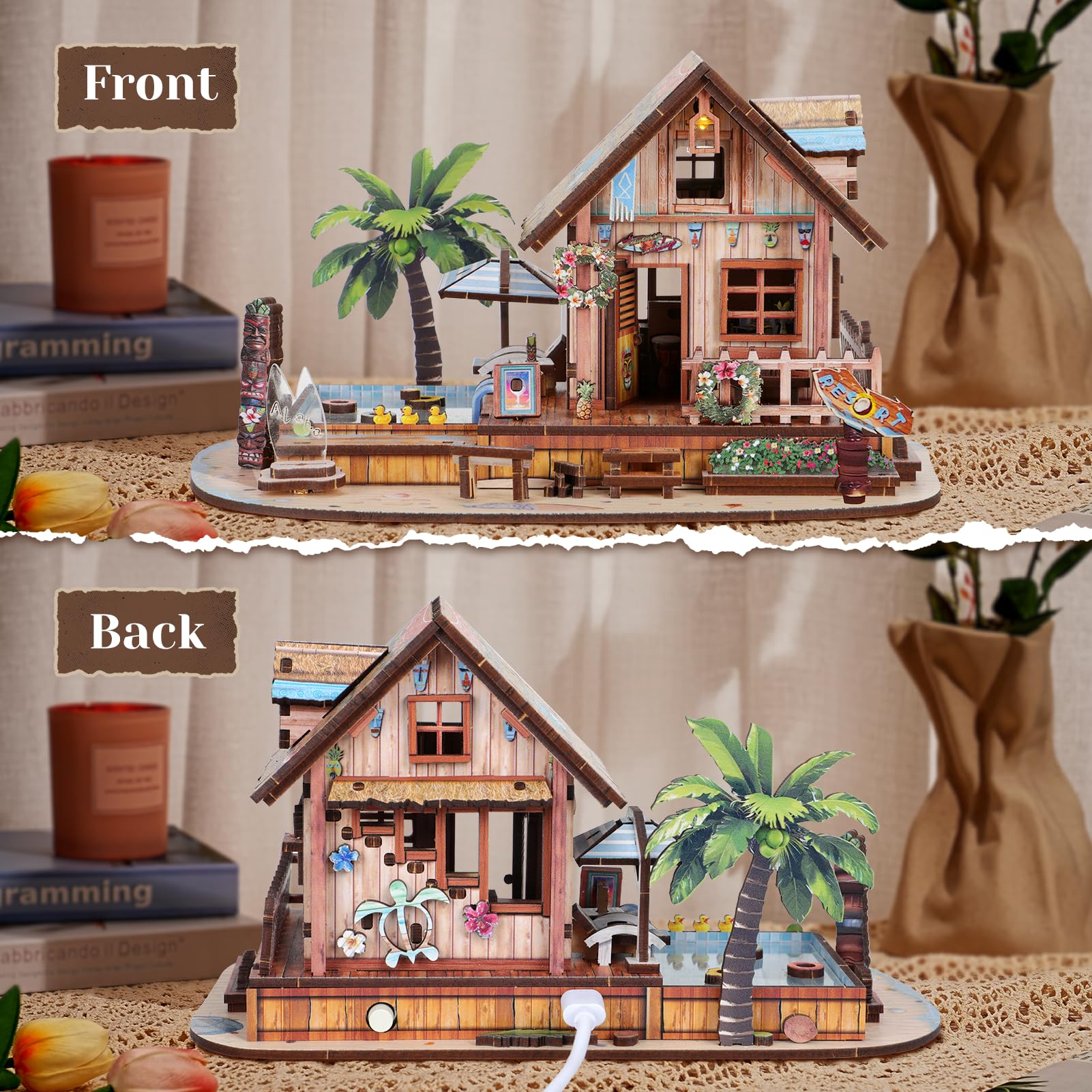 Casse-tête 3D en bois pour adulte, 187 pièces, maison de plage hawaïenne, kit de modélisme en bois avec lumière LED pour adultes, jouets cadeaux pour enfants de 14 ans et plus