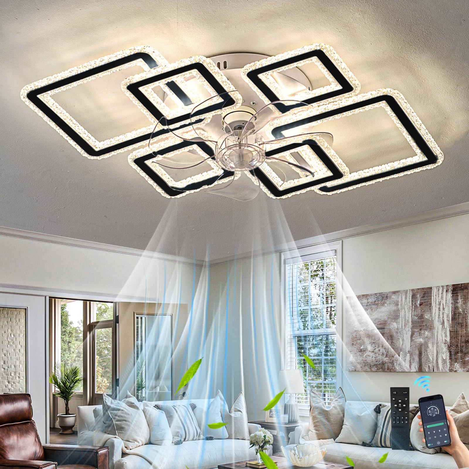 Inrosy Lampe mit Ventilator und Fernbedienung, 84cm Moderne Deckenlampe