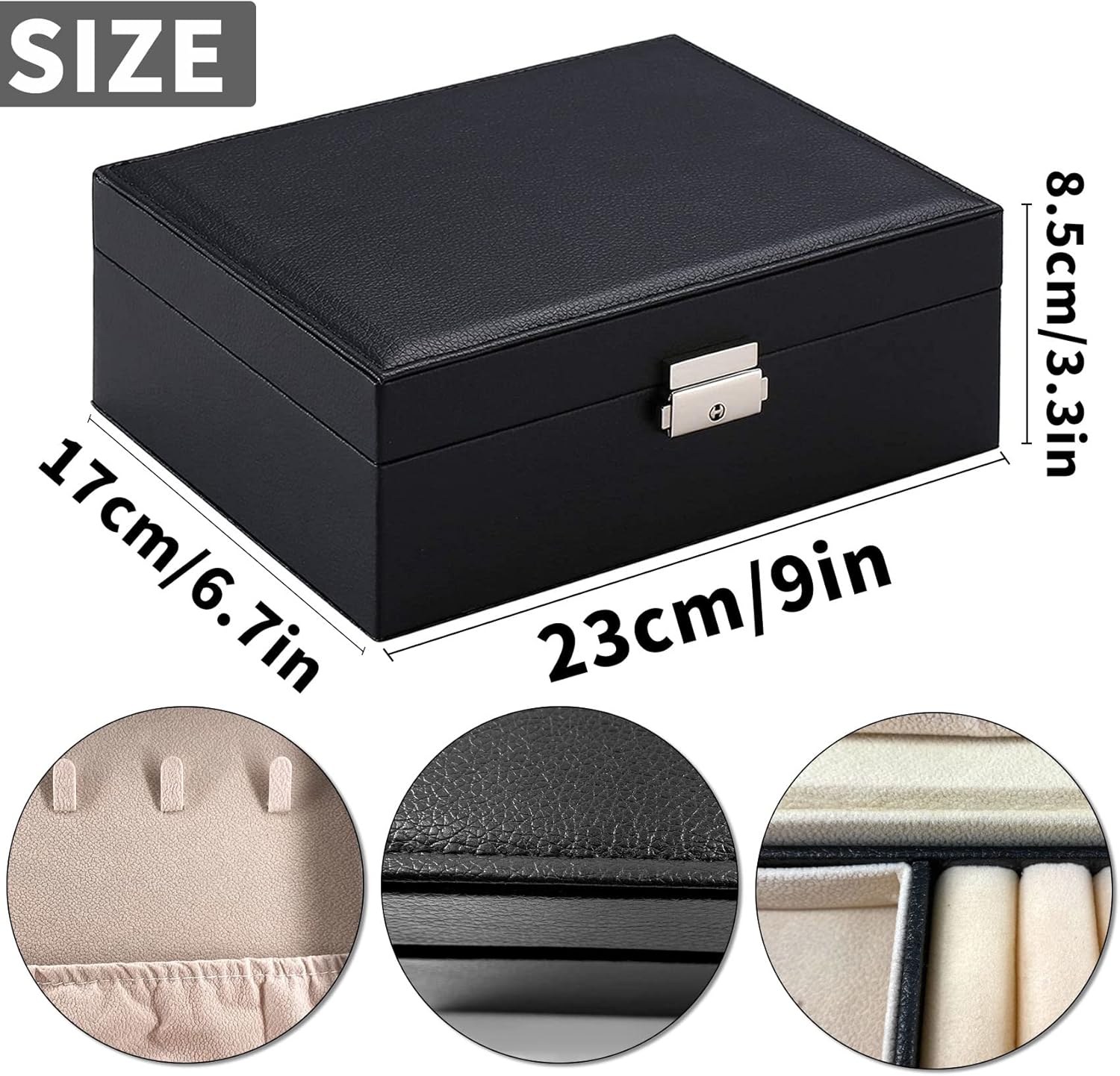 Rovepic 2 Layers Jewelry Box Organizer Valentines Day Gift Container Removable with Lock Necklace Holders Display Tray Storage Case Earring Rings Jewelry Case for Girlfriend and Wife Women (Black)
