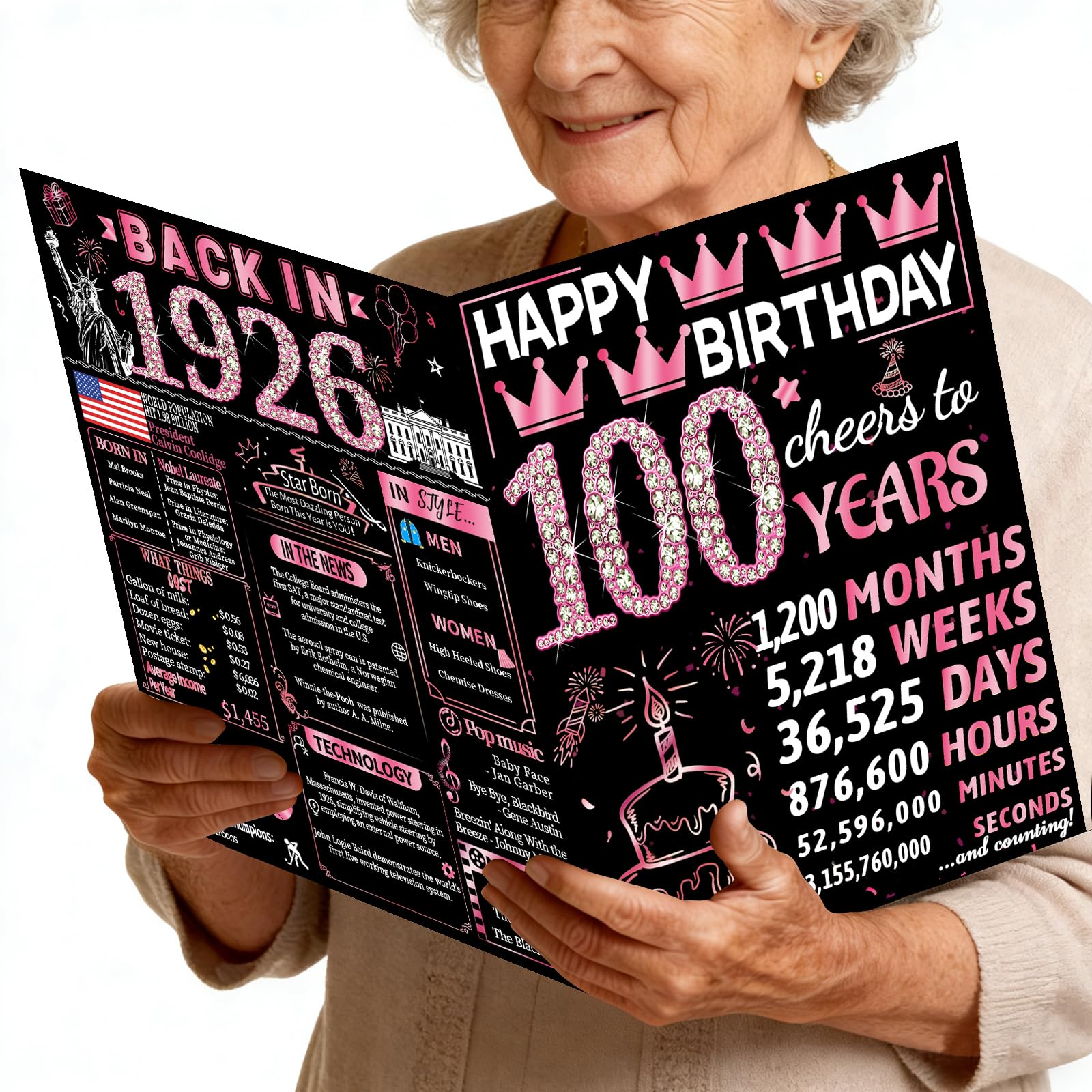 Joycard 100th Birthday Card with Envelope, 100th Birthday Decorations for Women, 100 Year Old Birthday Gifts for Grandma, Happy Birthday Cards for 100 Year Old Mother, Back in 1925