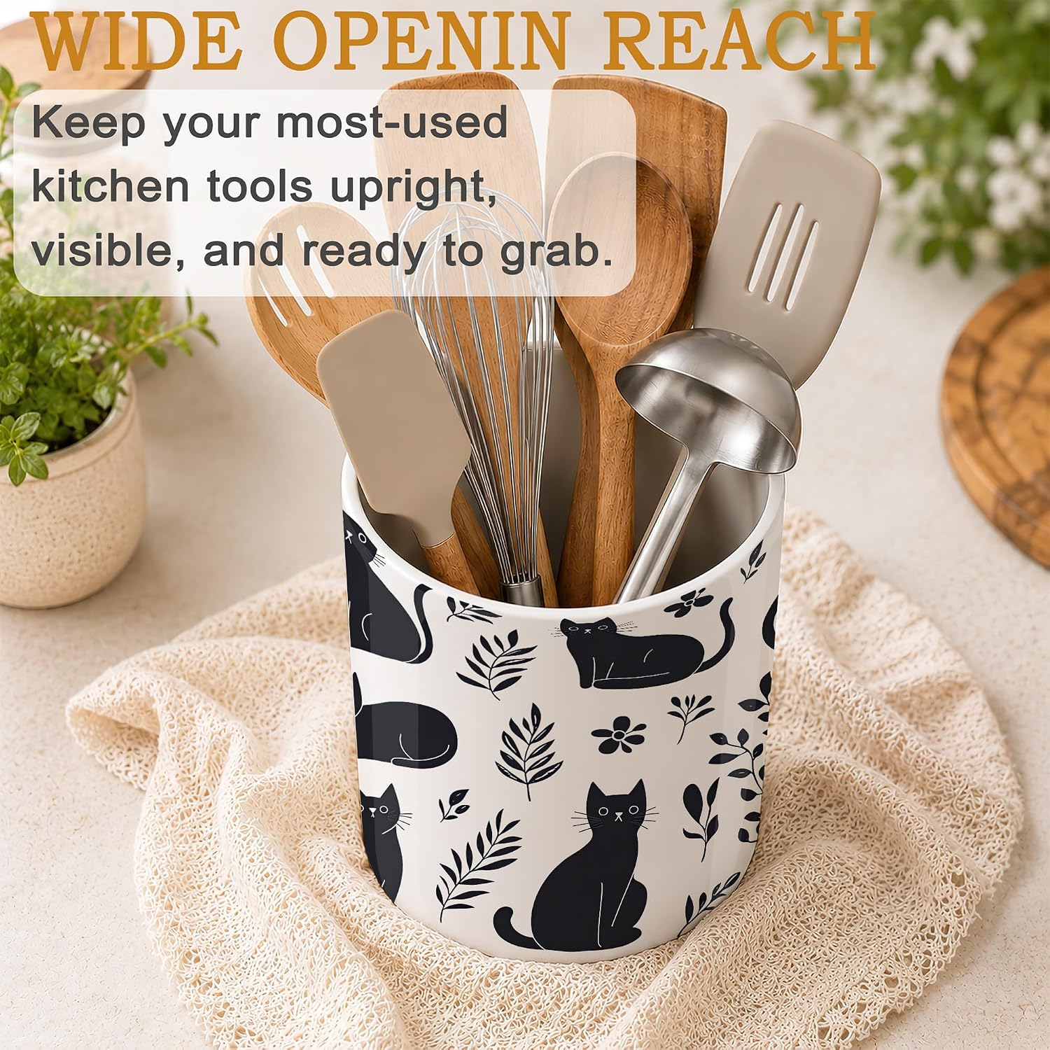 Funny Black Cat Utensil Holder for Countertop,Flowers Plants Ceramic Utensil Crock Organizer for Home Kitchen Spoons,Spatulas and Cooking Tools