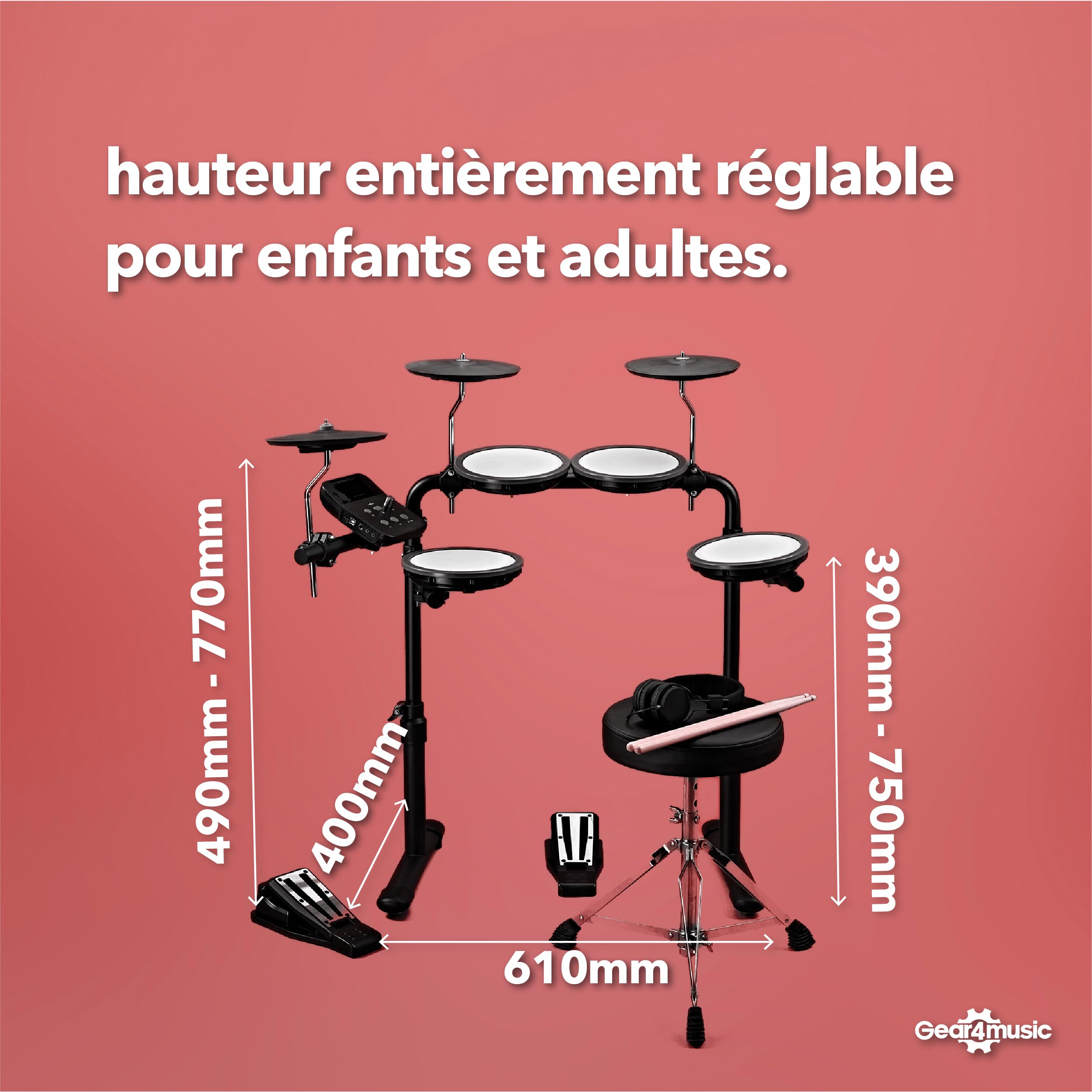 VISIONDRUM Batterie Electronique Adulte et Enfant, 7 Pads en Maille, Noir | Kit Batterie Electrique, Hauteur Réglable, Design Pliable, Casque, Tabouret et Baguettes Inclus