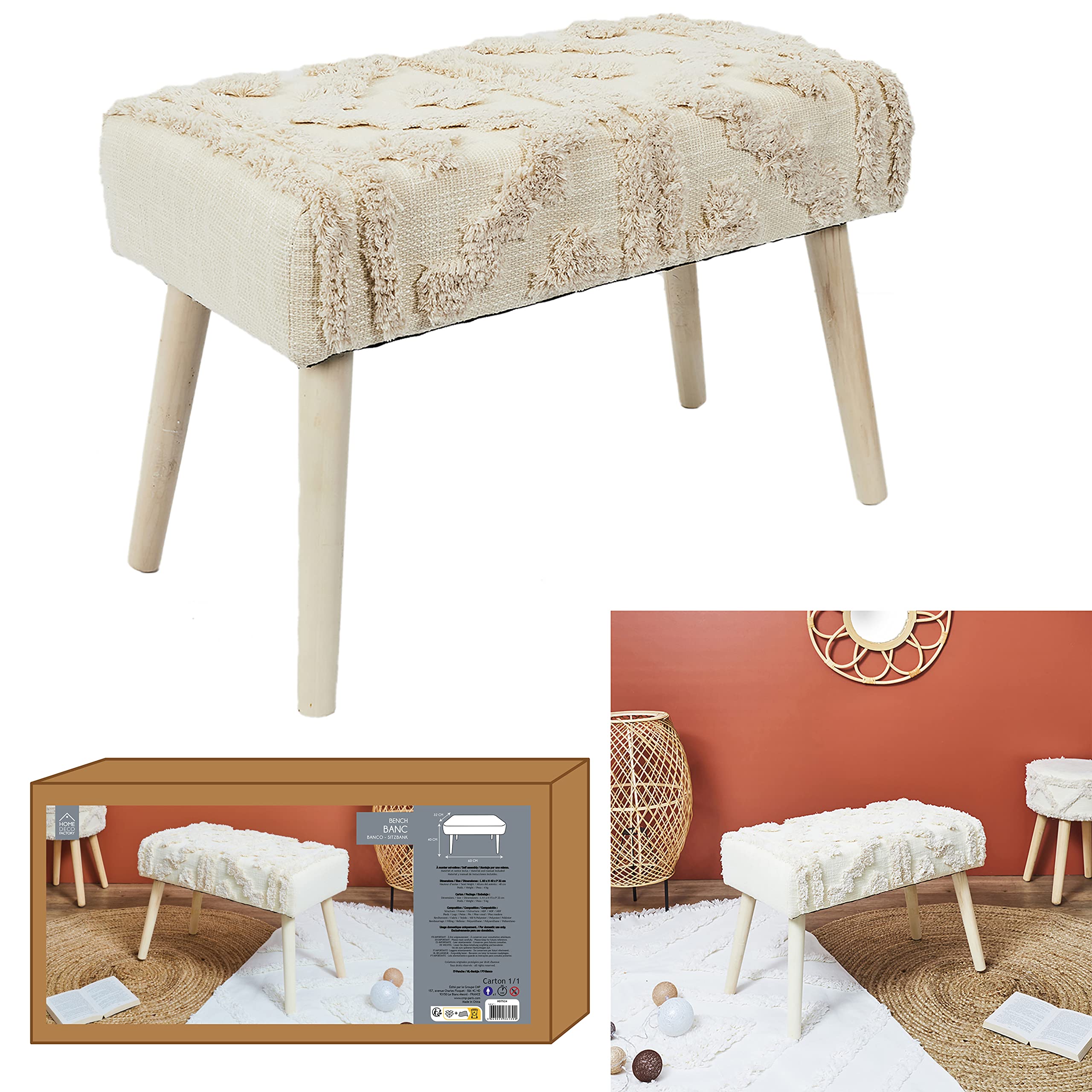 HOME DECO FACTORY Banc Mirage Contemporain Assise en Tissu Blanc et Marron
