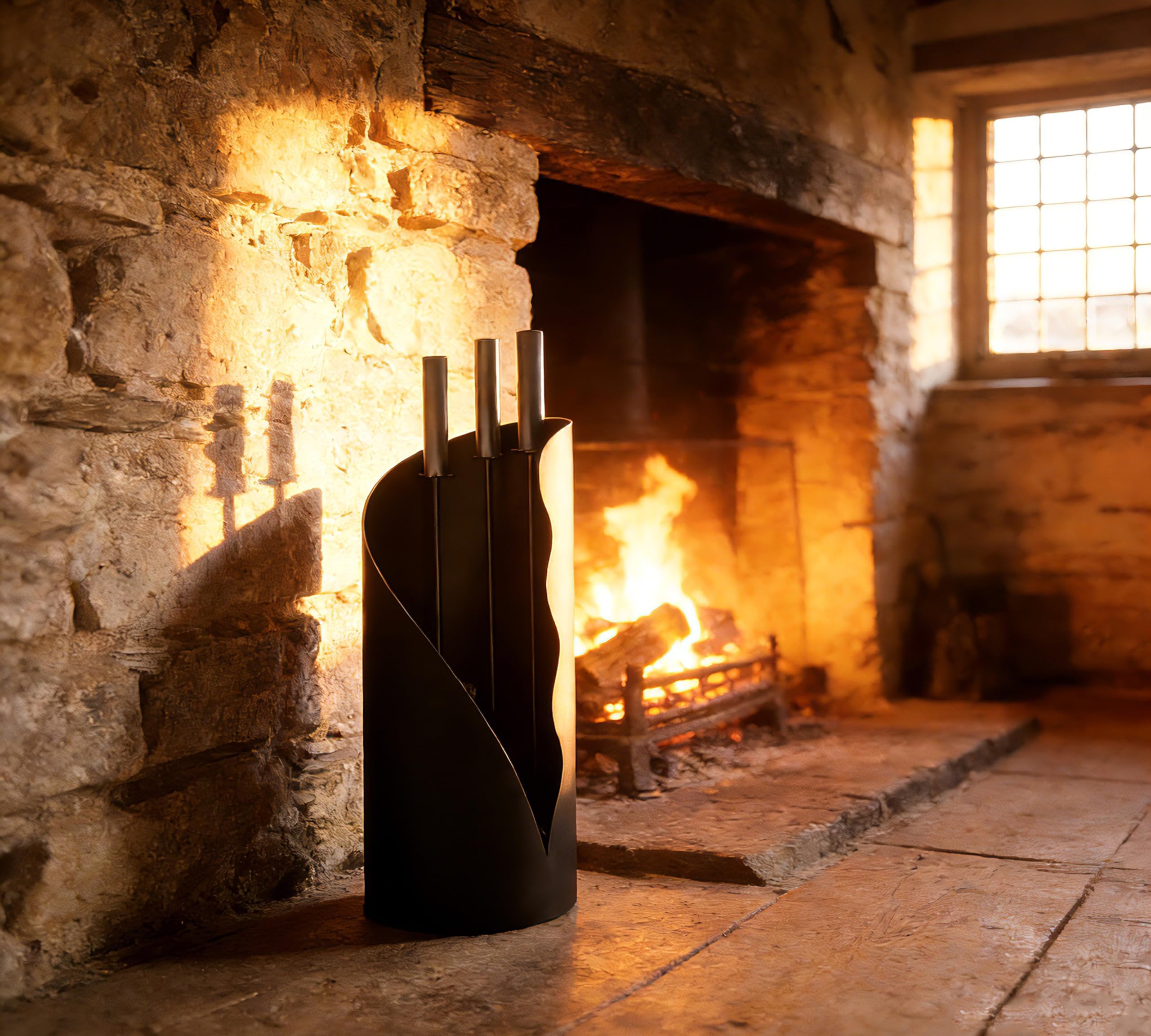 Kingson Modern Fireplace Companion Set with Stand - 3 Tools, 52.5cm Height, 18cm Cylinder Base, Black Stainless Steel Handles - Fireplace Accessories for Hearth, Wood Stove & Fire Pit