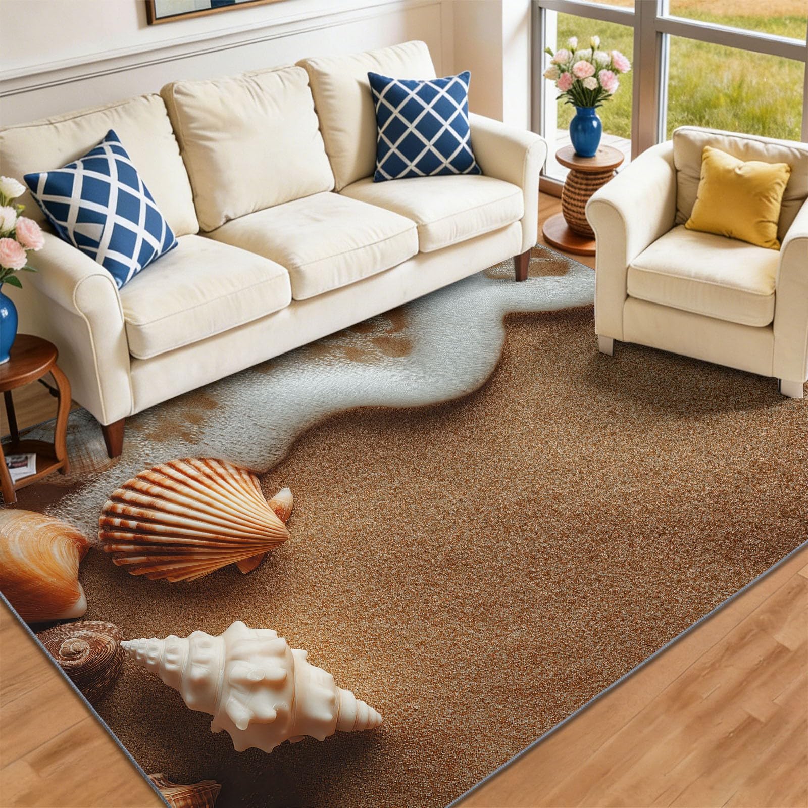120 x 180 cm Tapis à Poils Courts lavables, Brun Plage Coquillages Vagues Antidérapant Carpet, Effet 3D Océan, pour la Chambre Manger à Coucher de Salon Salle de Bain Couloir