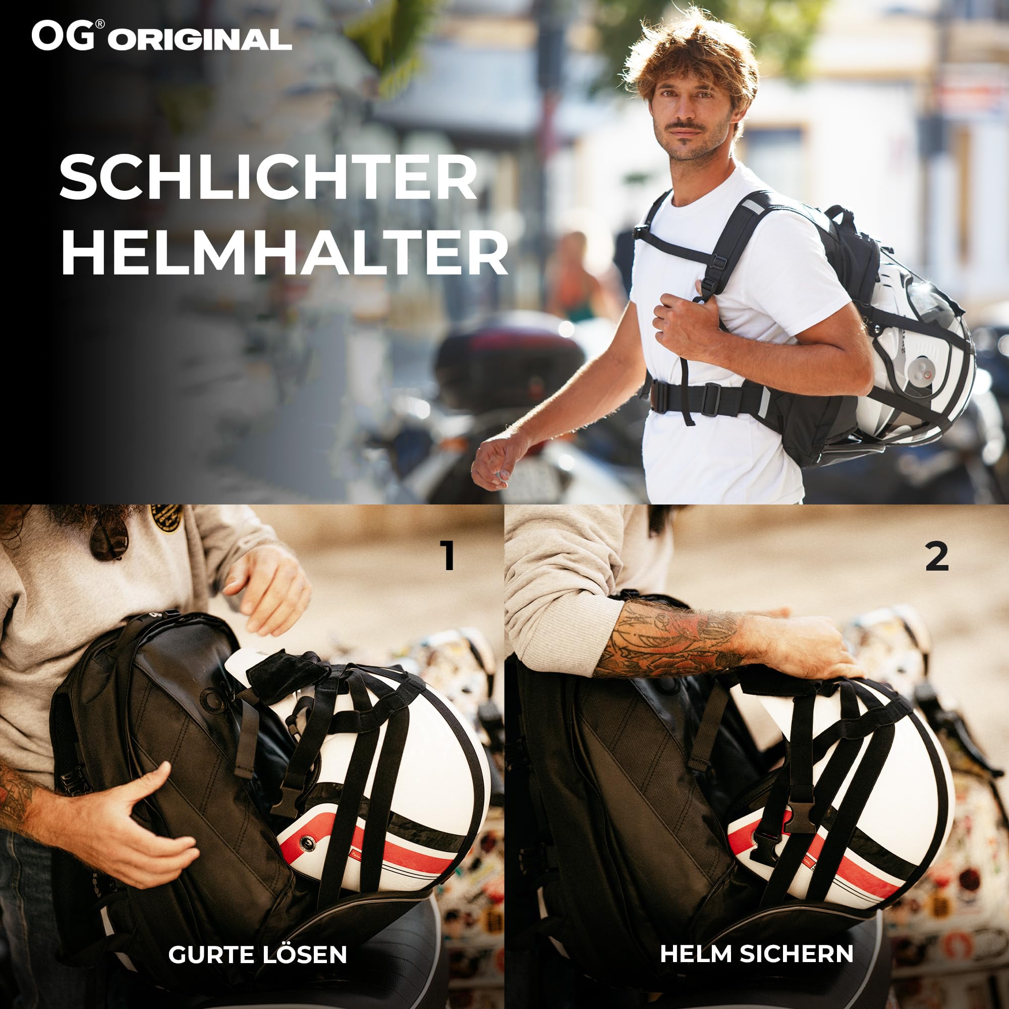 OG Original EZ-RiderPRO Motorrad Rucksack Schwarz Erweiterbar 28-35L, Motorradhelm-Tasche, Helm-Trageriemen, Wasserdicht, Laptop-Fach, Reflektierend, Schwarz Logo