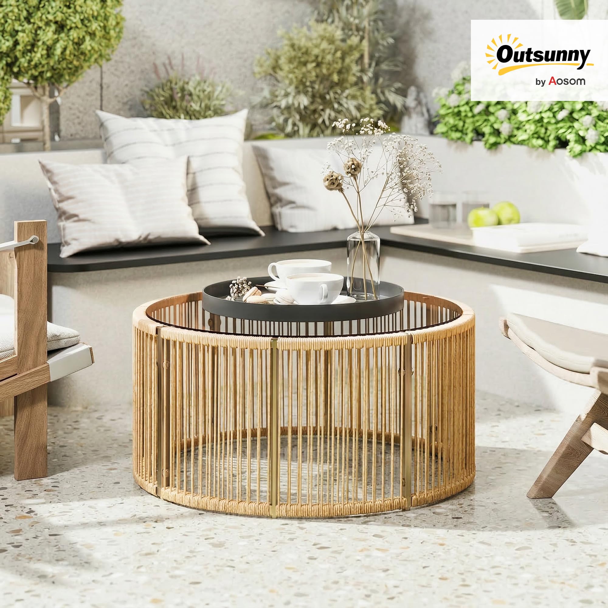 Outsunny Table Basse de Jardin Ronde en Résine Tressée, Table d'Appoint avec Plateau en Verre Trempé et Cadre en Acier Galvanisé, 70x70x33cm, Marron