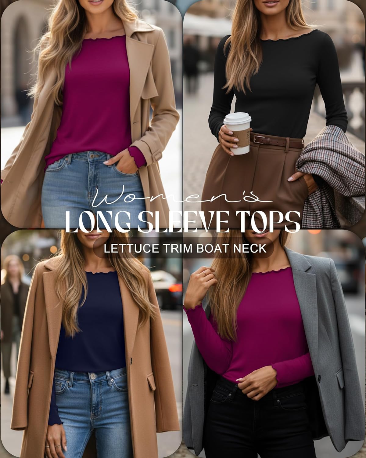 Huukeay 3 Pack Women's Long Sleeve Tops Lettuce Trim Boat Neck Shirts Slim Fit Casual Basic Fitted Tees - Image 2