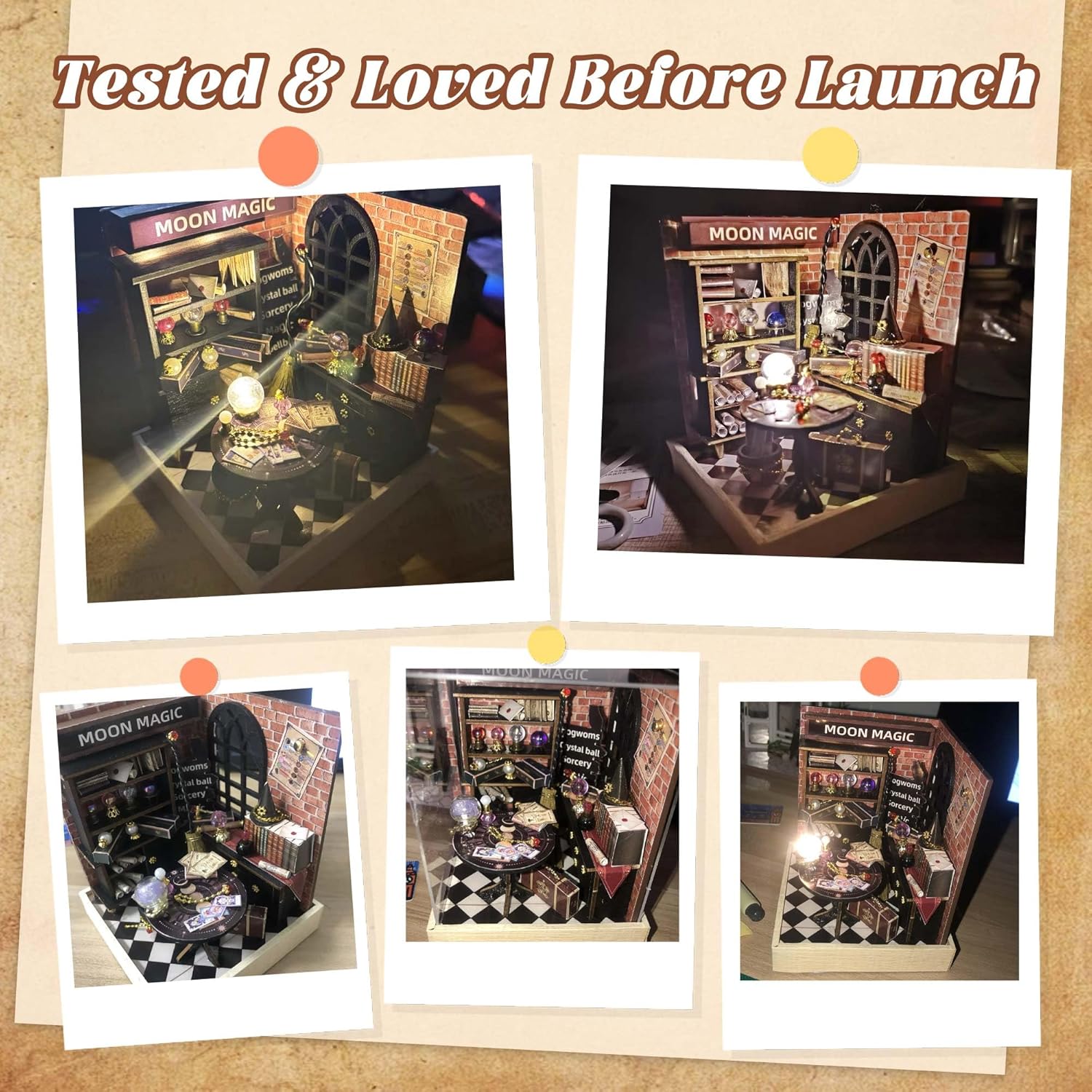 The Moon Magic miniature dollhouse with its LED lights illuminated, highlighting the magical ambiance of the scene.