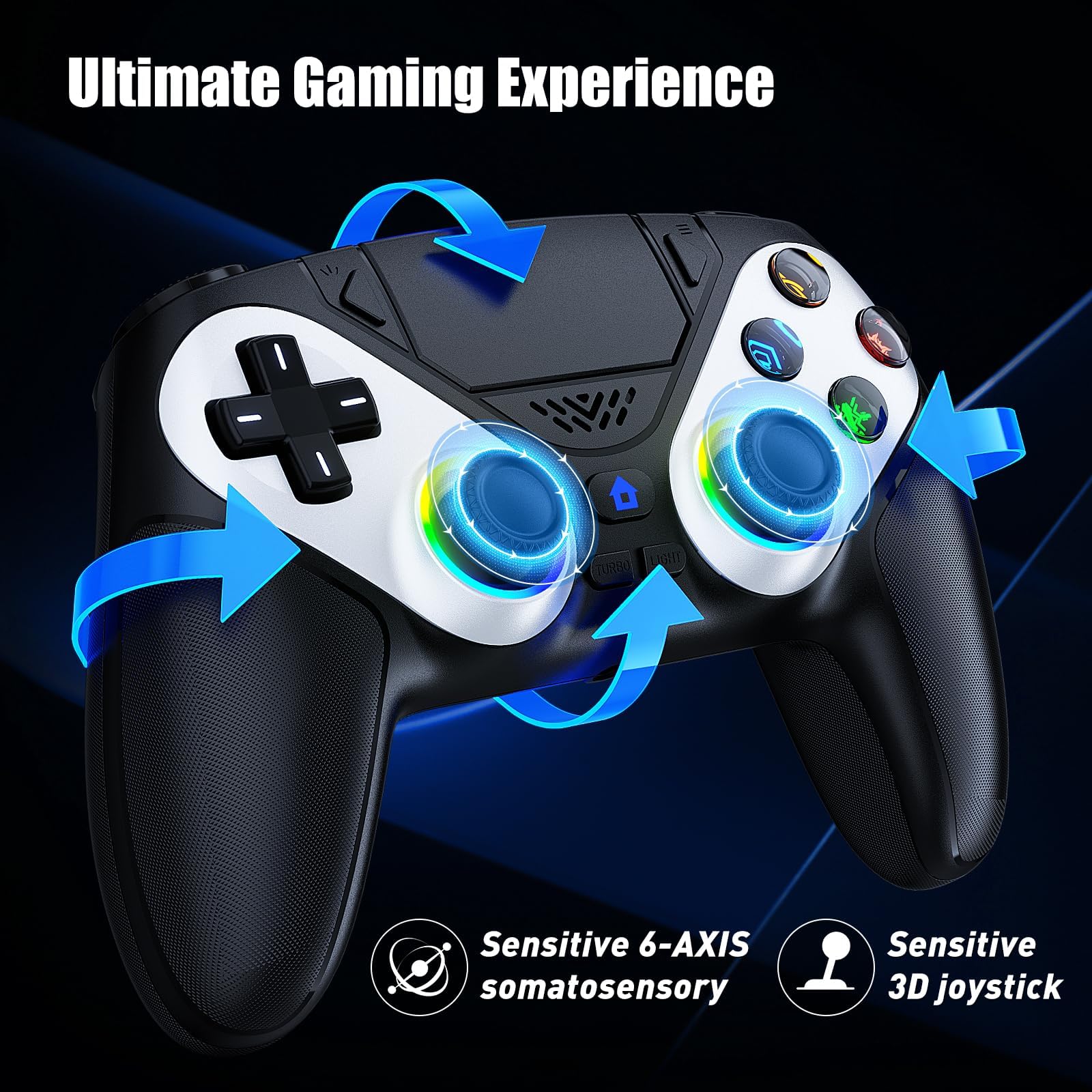 Dinosoo Manette sans fil RGB pour PS5/Pro/Slim/PC, avec palettes arrière, mode Turbo, macro, pavé tactile, suivi de mouvement 6 axes, double vibration et prise audio 3,5 mm