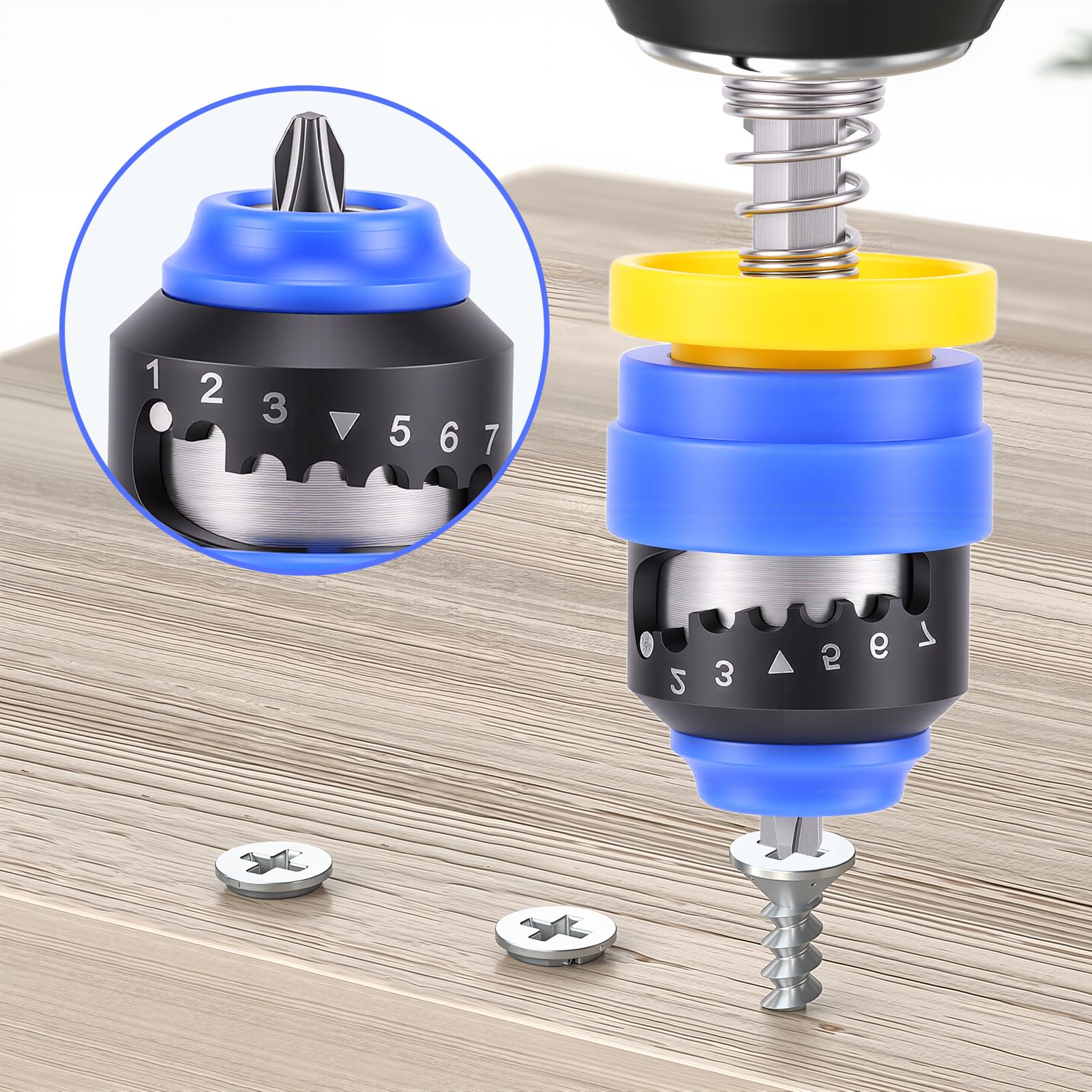 Avvitatore per Cartongesso 7 Livelli, Portapunte Magnetico per Cartongesso con Anello in Gomma e 2 Bit di Ricambio Inclusi, per Cartongesso, Truciolato, Compensato