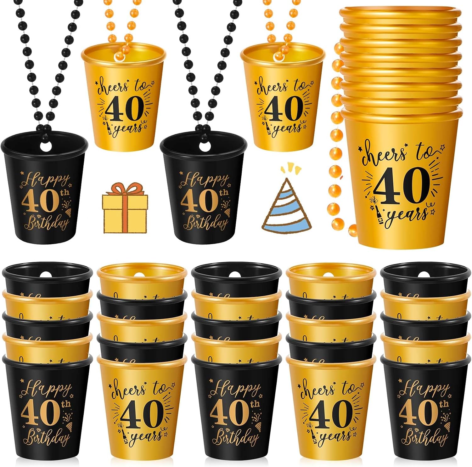 Sureio 24 Pcs 40th Birthday Party Favors Shot Glass Necklaces Cups Bulk for Women Men Guests, Plastic Gold and Black Shot Necklace Cups for Birthday Anniversary Supplies