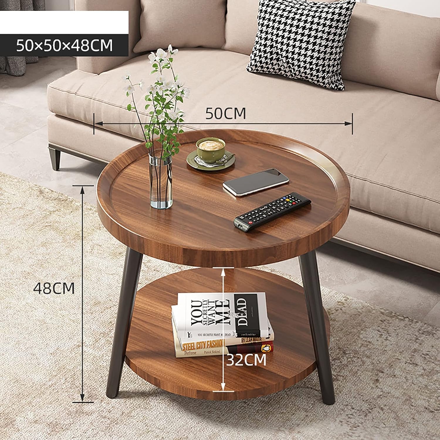 ZJYJFBY Round Coffee Table, Modern Simple Double-Layer Sofa Side Table/Bedside Table, Corner Table in Balcony Living Room, Tea Table (Color : A, Size : 50cm)