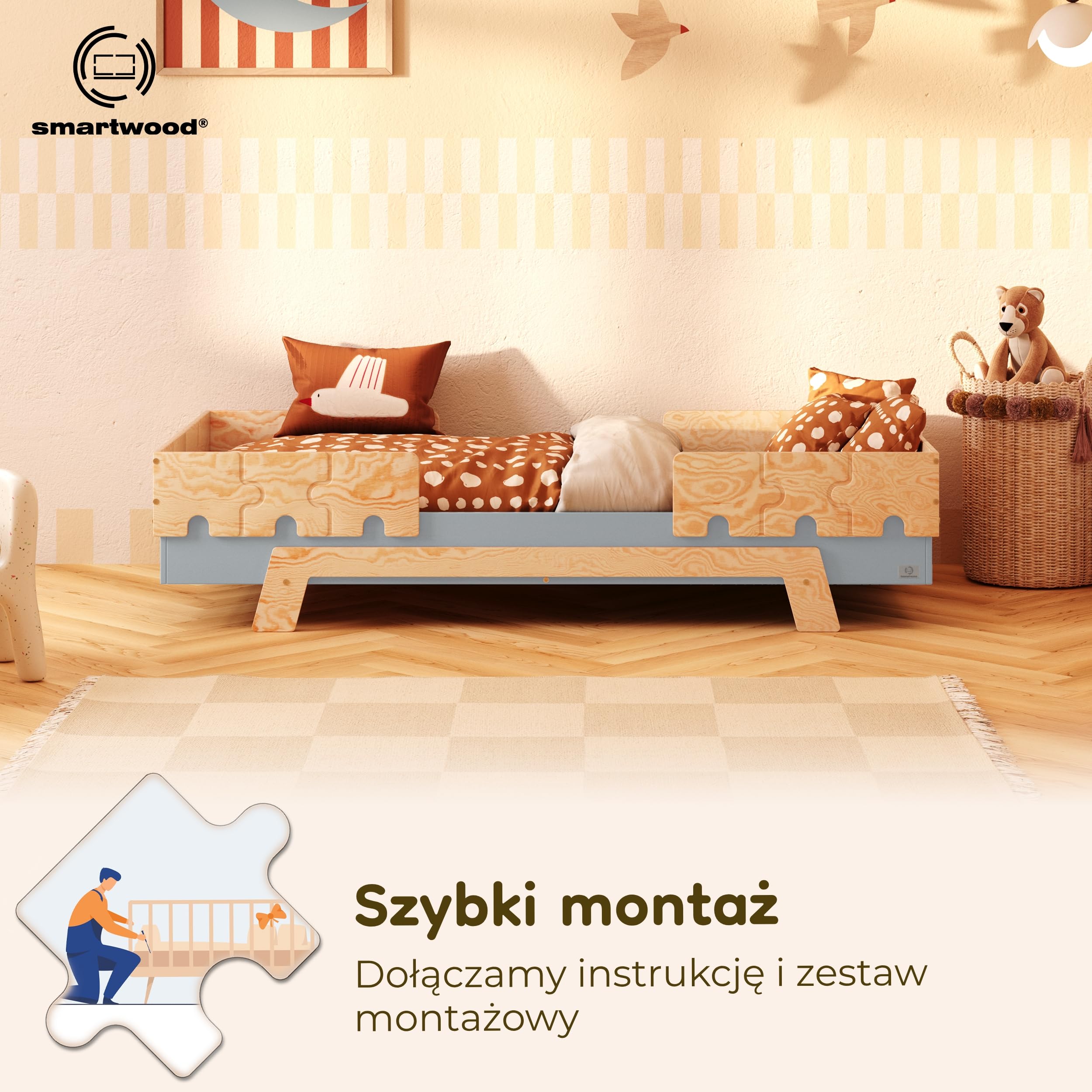 smartwood Łóżko dziecięce 70x160 ze stelażem, Sosna, Niebieski, PUZZLE BR2 | Łóżko Montessori 6 w 1, dwie barierki, nośność do 230 kg, sklejka sosnowa FSC, zaokrąglone krawędzie, łatwy montaż, od 3 lat