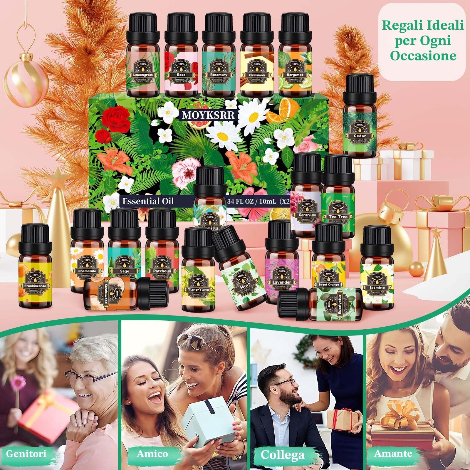 Set di oli essenziali, 20 x 10 ml, oli essenziali per diffusore, diffusore di aromi, puramente naturale, per sapone, candele, cosmetici, lavanda, eucalipto, bergamotto, rosa