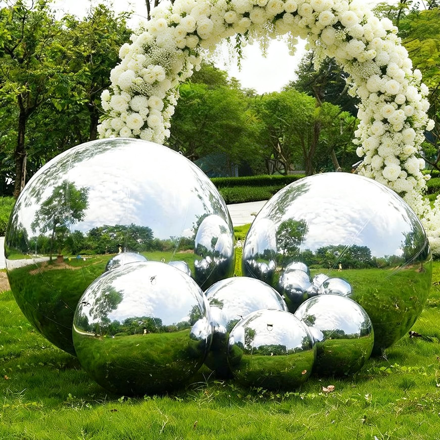 Photo 1 of HZGGBKJO Inflatable Mirror Ball Set, 6-Piece Airtight Large Hanging & Standing Inflatable Disco Disco with 1200W Electric Pump for Party, Wedding, Pool, Events (Silver)