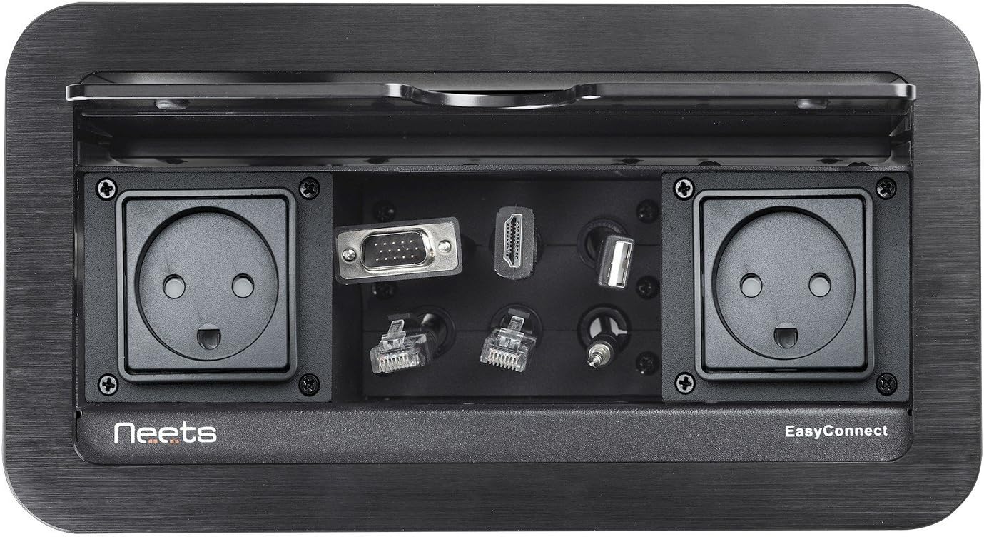 Neets EasyConnect Table Pocket Power | Tabletop AV Control Expansion Unit HDMI VGA USB-A RJ45 Connectors