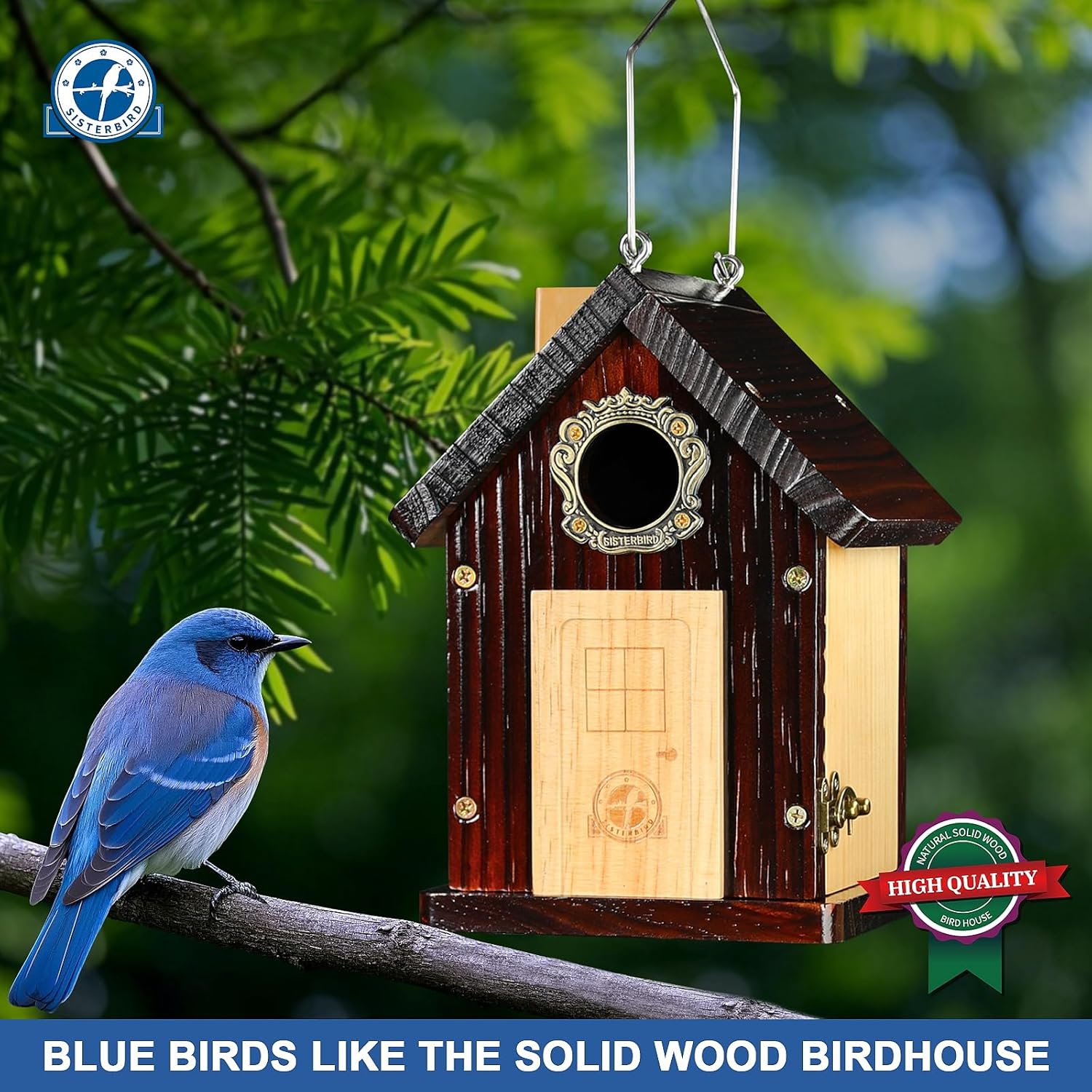 SISTERBIRD Pack of 2 Premium Bluebird Houses for Outside, All Seaons Bird Houses for Outside, Wooden Cabin Birdhouses for Outdoors, Weatherproof Courtyard Decorated Hanging Bird House