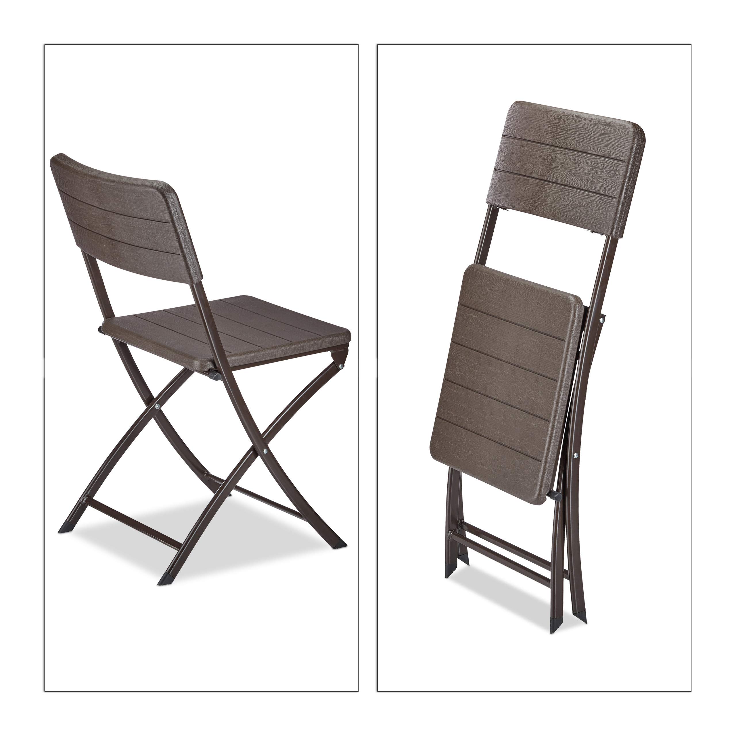 Relaxdays Set di 2 Sedie da Giardino, Effetto Legno, Resistenti, in Plastica, Struttura in Metallo, Pieghevoli, Marrone