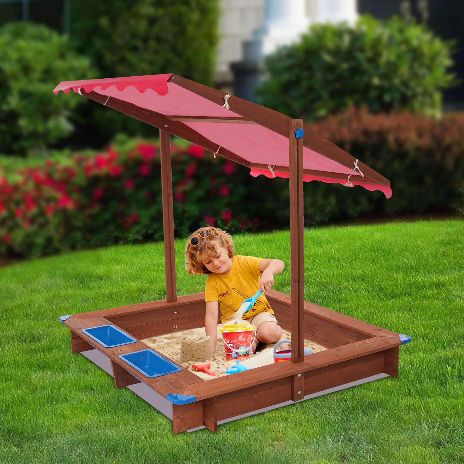 Sandkasten mit Dach 126x121x118cm Holzsandkasten mit Abdeckung & Matschküche für Kinder Sandkiste aus Holz mit praktischem Sitzflächenrand für Outdoor und Garten (Rot, Braun)