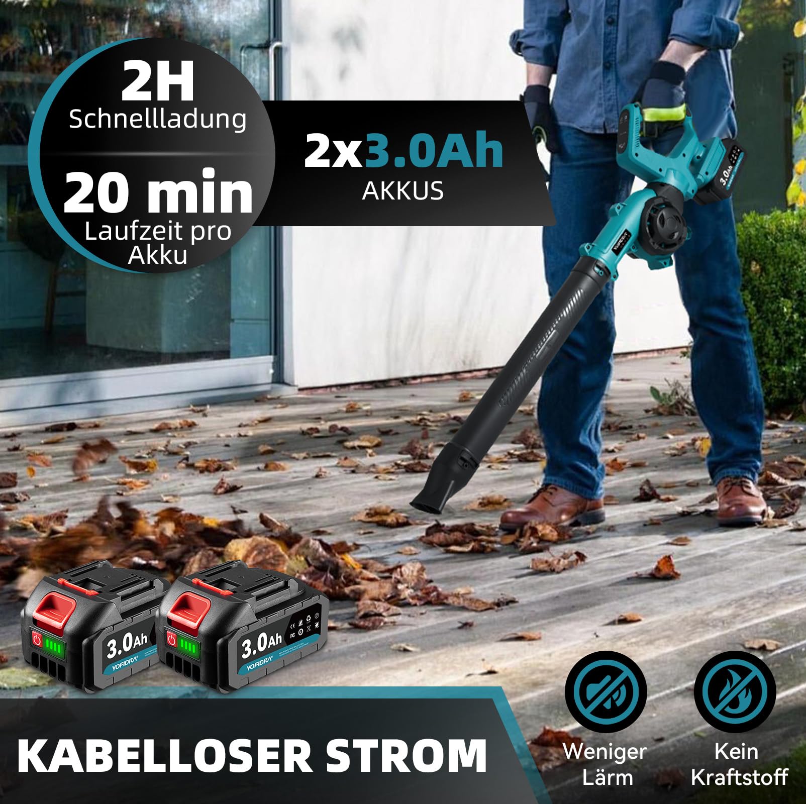 YOFIDRA Laubbläser Akku 280 km/h, Elektrische Luftgebläse mit 2×3.0Ah Akku und Ladegerät, 3-Gang, 270° Verstellbarem Griff, Doppel-Lufteinlass,13000RPM Laubbläser für Terrassen Rasenpflege Laubblasen