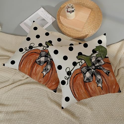 Miniatura 6 de Juego de 2 fundas de almohada de lunares de calabaza otoñal de 16 x 16 pulgadas, juego de 2 fundas de almohada de cosecha de otoño para decoración
