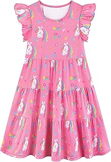 Girls Ruffle Sleeve Dress Tiered Swing A-Line Twirly Skater Dresses Kids Midi Casual Summer Sundress with Pockets - Buy now