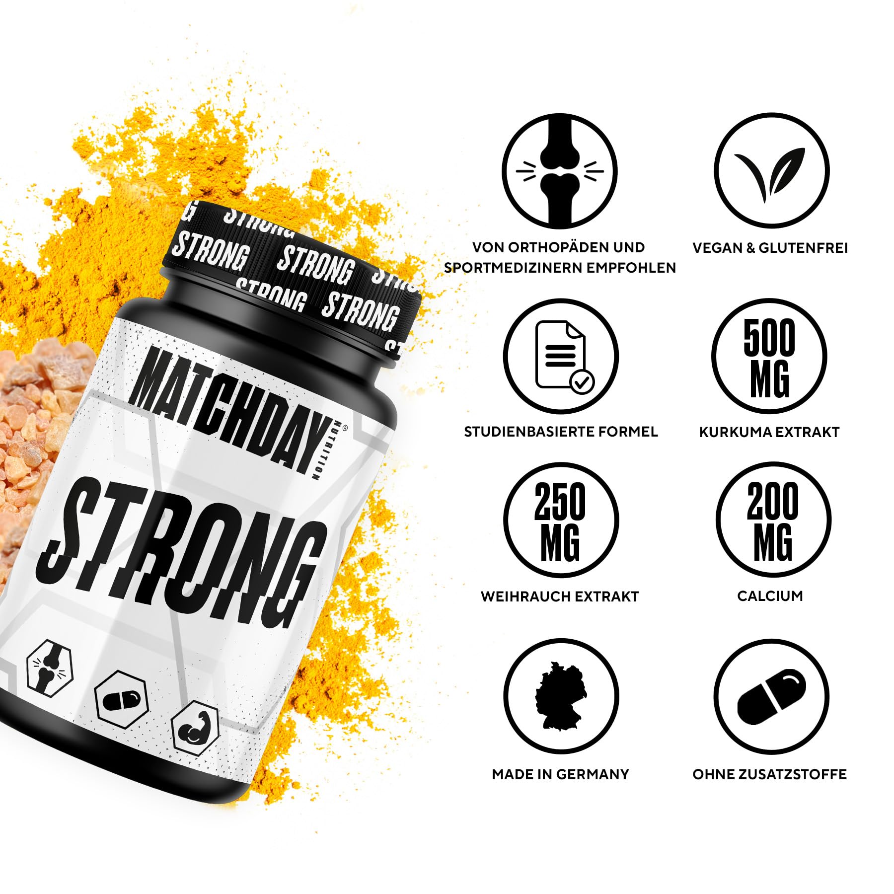 Matchday Nutrition STRONG I Für Muskeln & Gelenke I Speziell für Fußballer I Pflanzenextrakte & Vitamine I 90 Kapseln (30 Portionen)