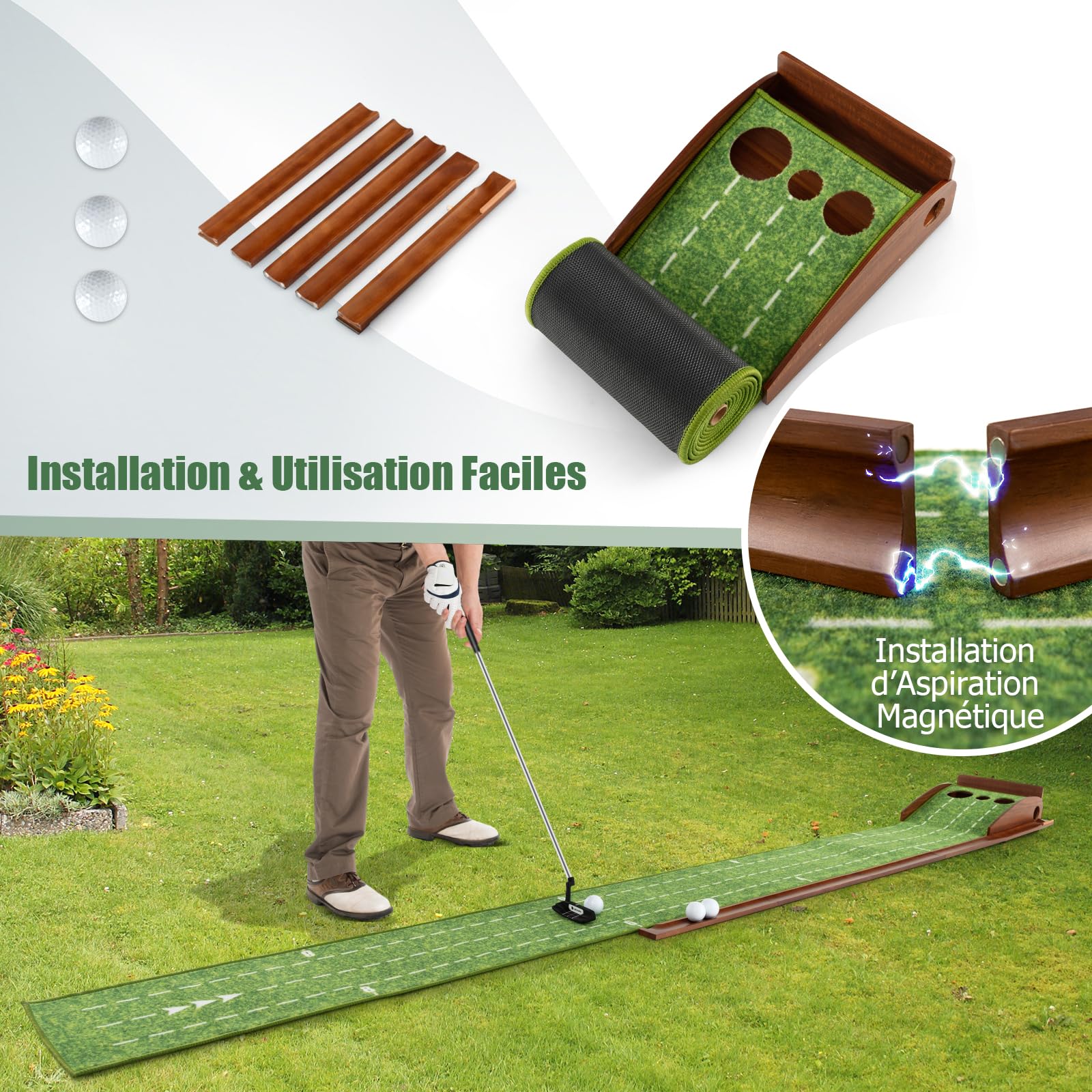 GOPLUS Tapis de Putting de Golf 1/2/3 Trous, Tapis d'Entraînement au Putting avec Retour Automatique de Balle, Guides d'Alignement, 3 Balles de Golf, pour Maison/Bureau