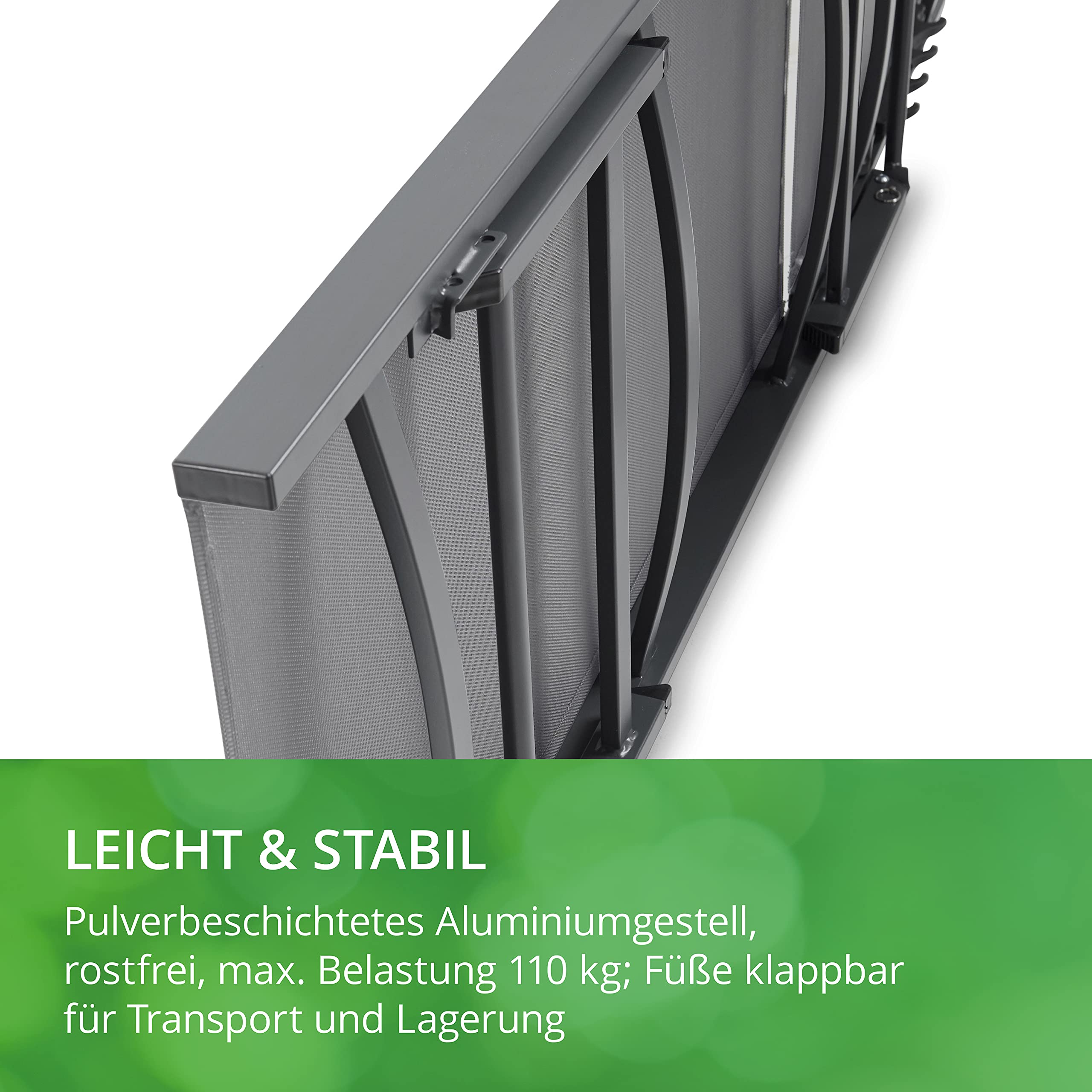 Leco-Sonnenliege Elina – Formschöne Aluminium-Gartenliege mit 5fach Verstellbarer Rückenlehne und einklappbaren Füßen – Gestell Anthrazit